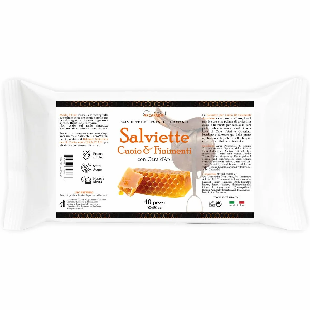 Salviette per Cuoio e Finimenti SAPOWIPE profumo Miele e Cera d'Api Arcafarm 40 Pezzi - Pulizia senza Acqua per pelle e cuoio, Selle, stivali e accessori Equitazione, azione idratante e nutriente