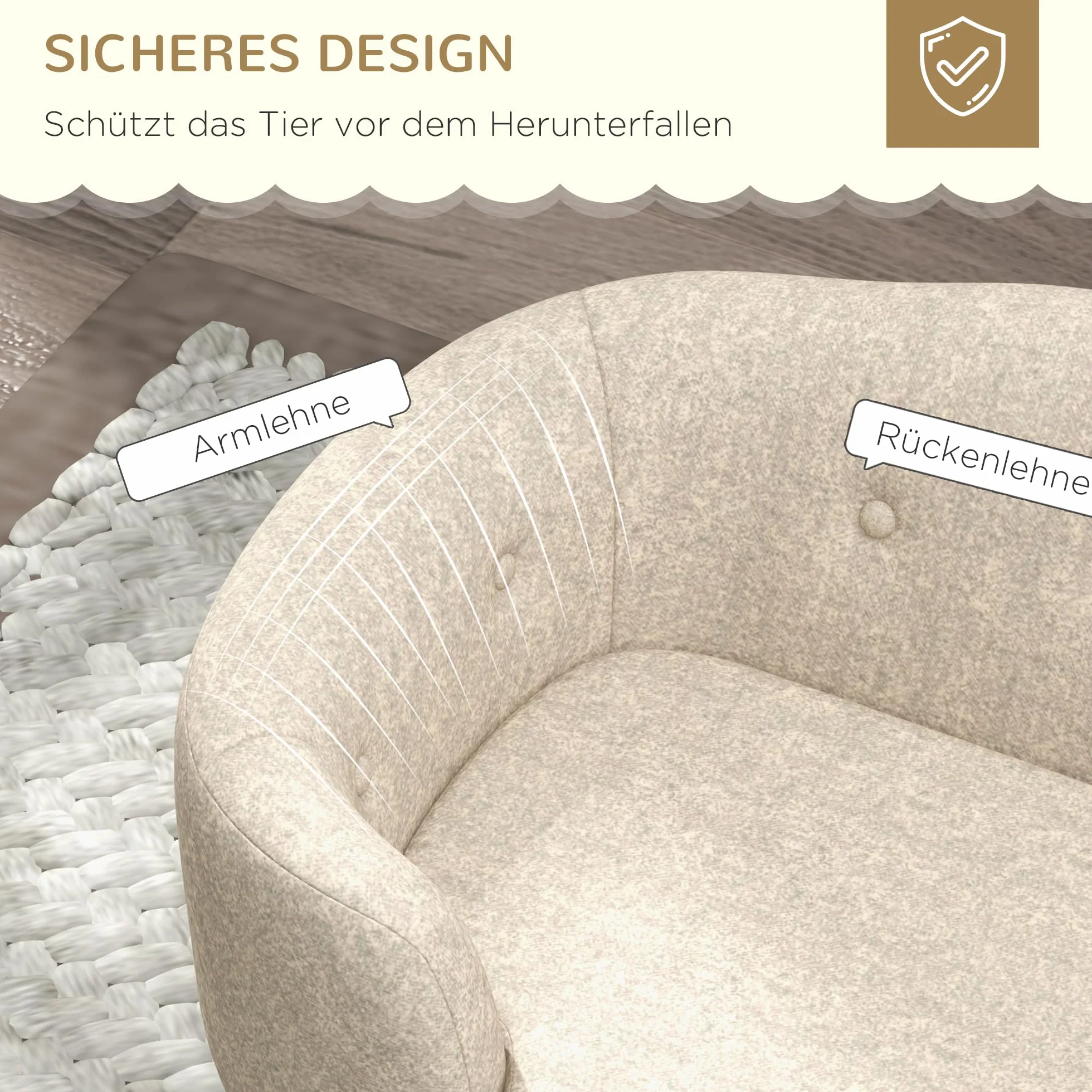 PawHut Divano per animali domestici, letto per cani, divano per cani, divano con cuscino, tasca posteriore in peluche, in legno di pino bianco, 70 x 47 x 30 cm