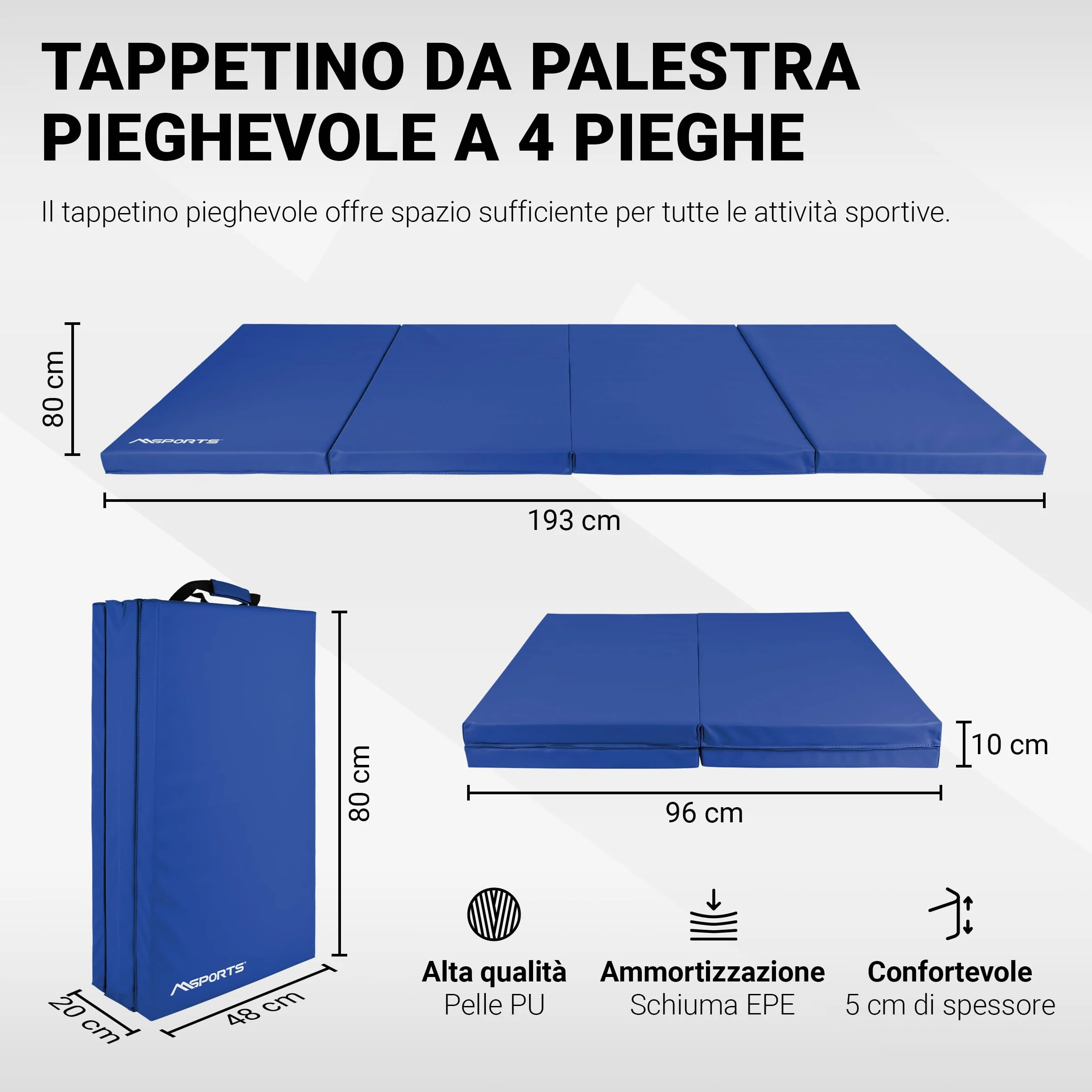 MSPORTS Tappetino da ginnastica di alta qualità, pieghevole, per pavimenti morbidi, 190 x 80 x 5 cm, per la casa, i bambini, gli adulti