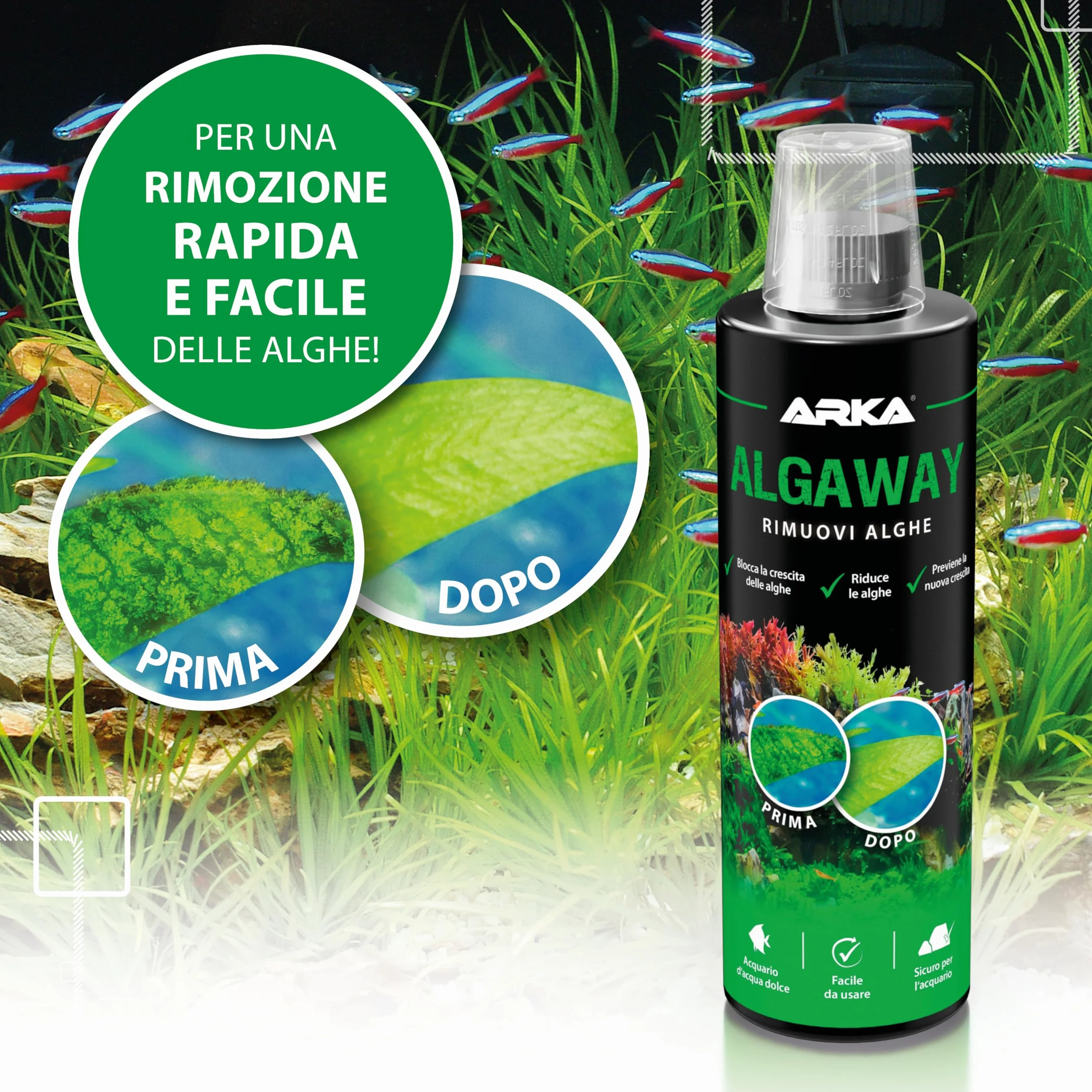 ARKA Algaway 473 ml trattamento anti alghe per acquari d'acqua dolce senza rame