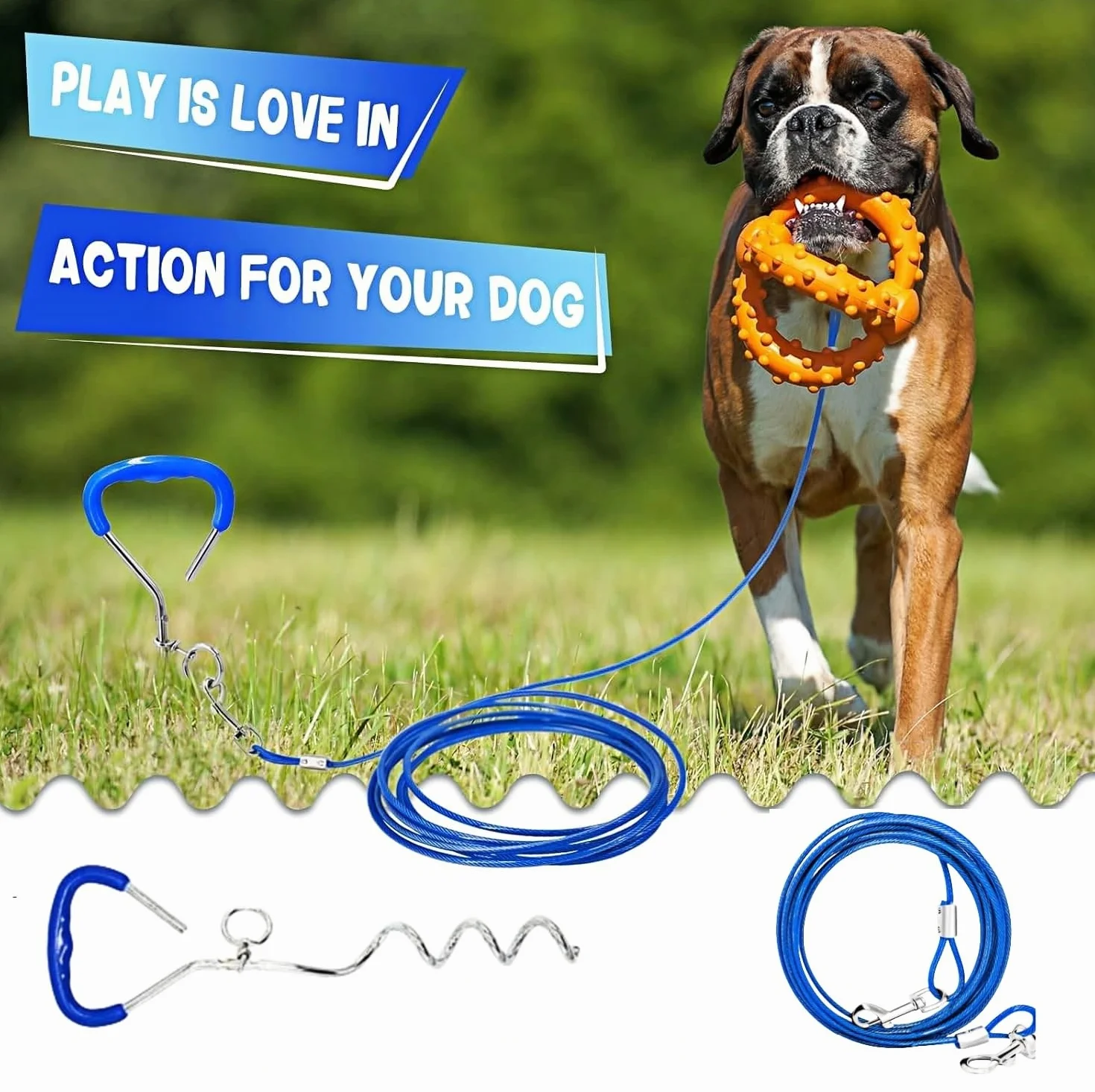 Picchetto Elicoidale A Terra,Picchetto a Spirale con Cavo,Kit Guinzaglio per Cani e Picchetto 3m Cavo per Legare Il Cane per Cani per Esterno, Cortile, Campeggio per Cani Piccoli E Medi (Blu)