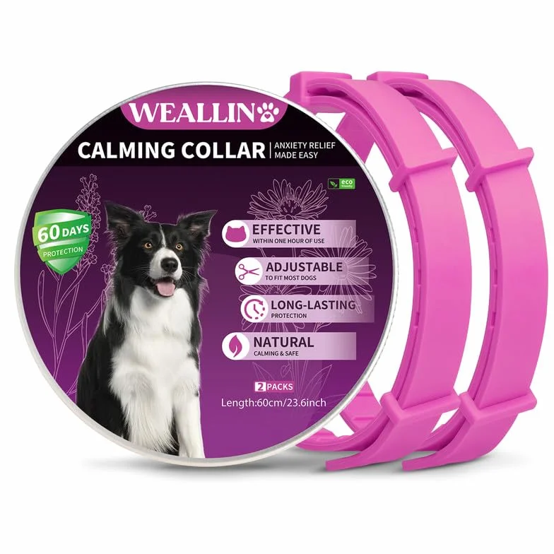 WEALLIN Collare Calmante per Cani Anti-Ansia Regolabile Impermeabile Naturale Feromoni 60 Giorni 2pz Rosa