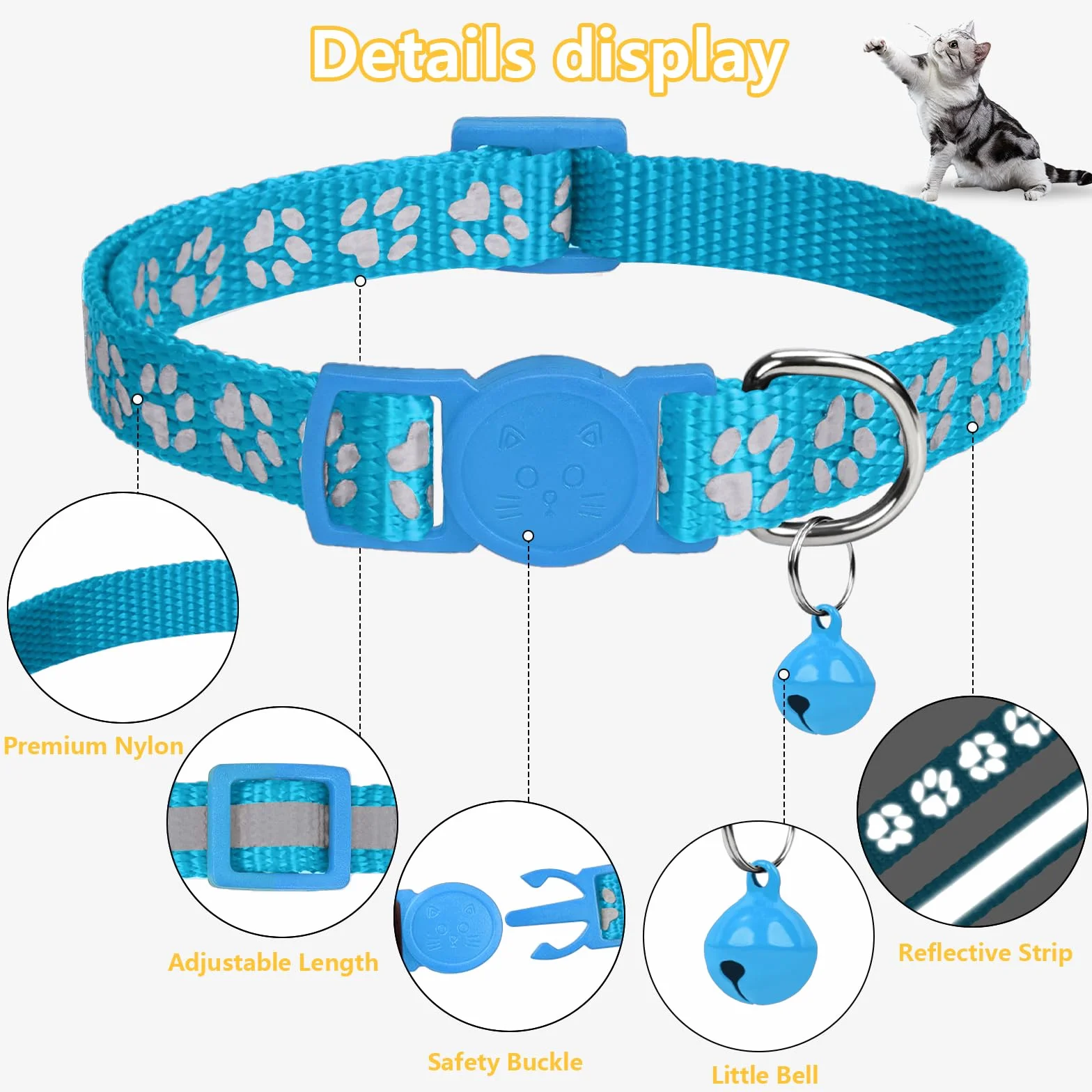 Taglory Collare Gatto Riflettente, 2 Pezzi Collari per Gatti Antistrozzo con Campanellino e Fibbia di Sicurezza, Stampa Zampa Carina 15-20cm Azzurro