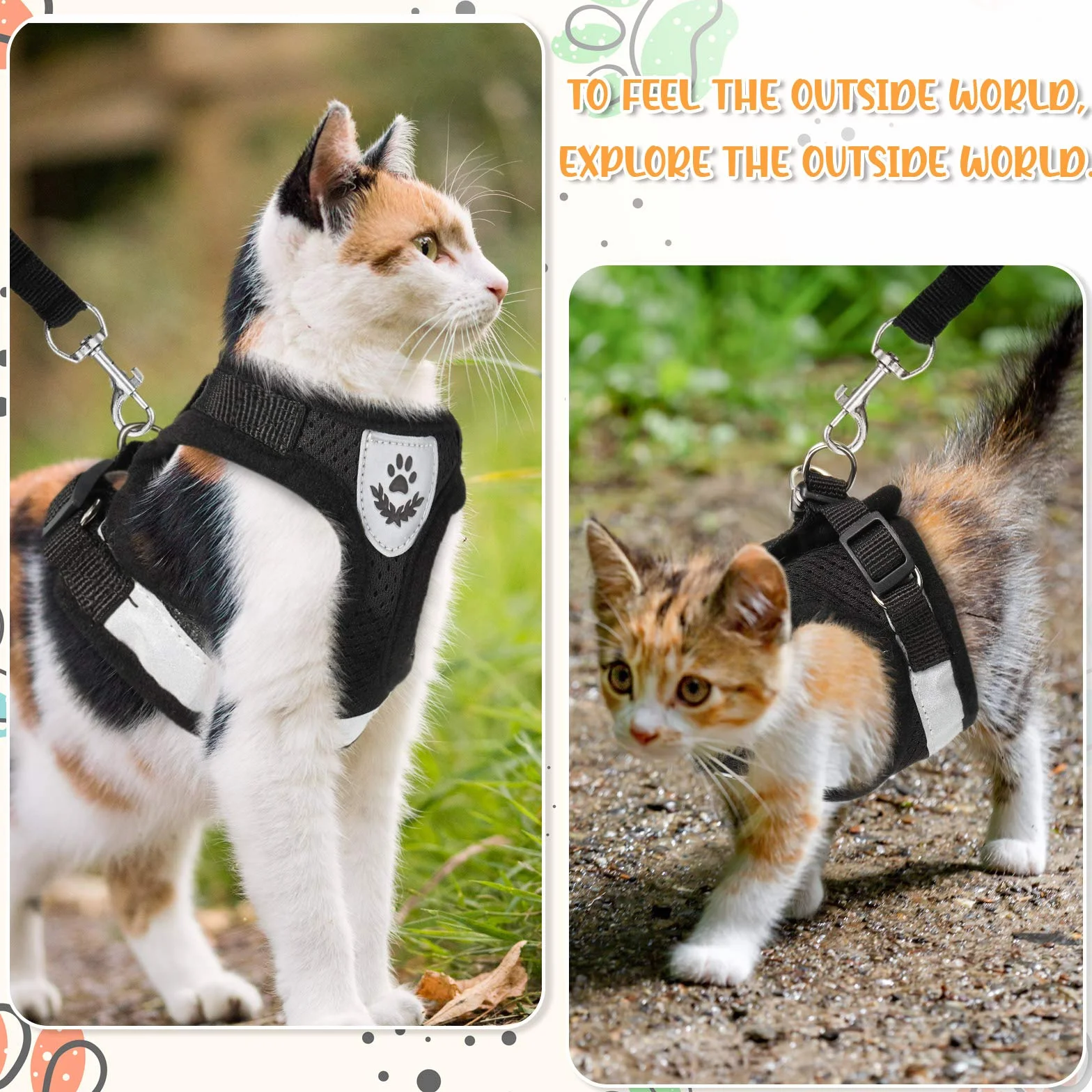 Set Pettorina e Guinzagli per Cuccioli/Gatti Imbracature per Gilet Regolabili in Maglia Morbida a Prova di Fuga Fascia Toracica in Rete Traspirante per Animale Passeggiate, XS (Nero)