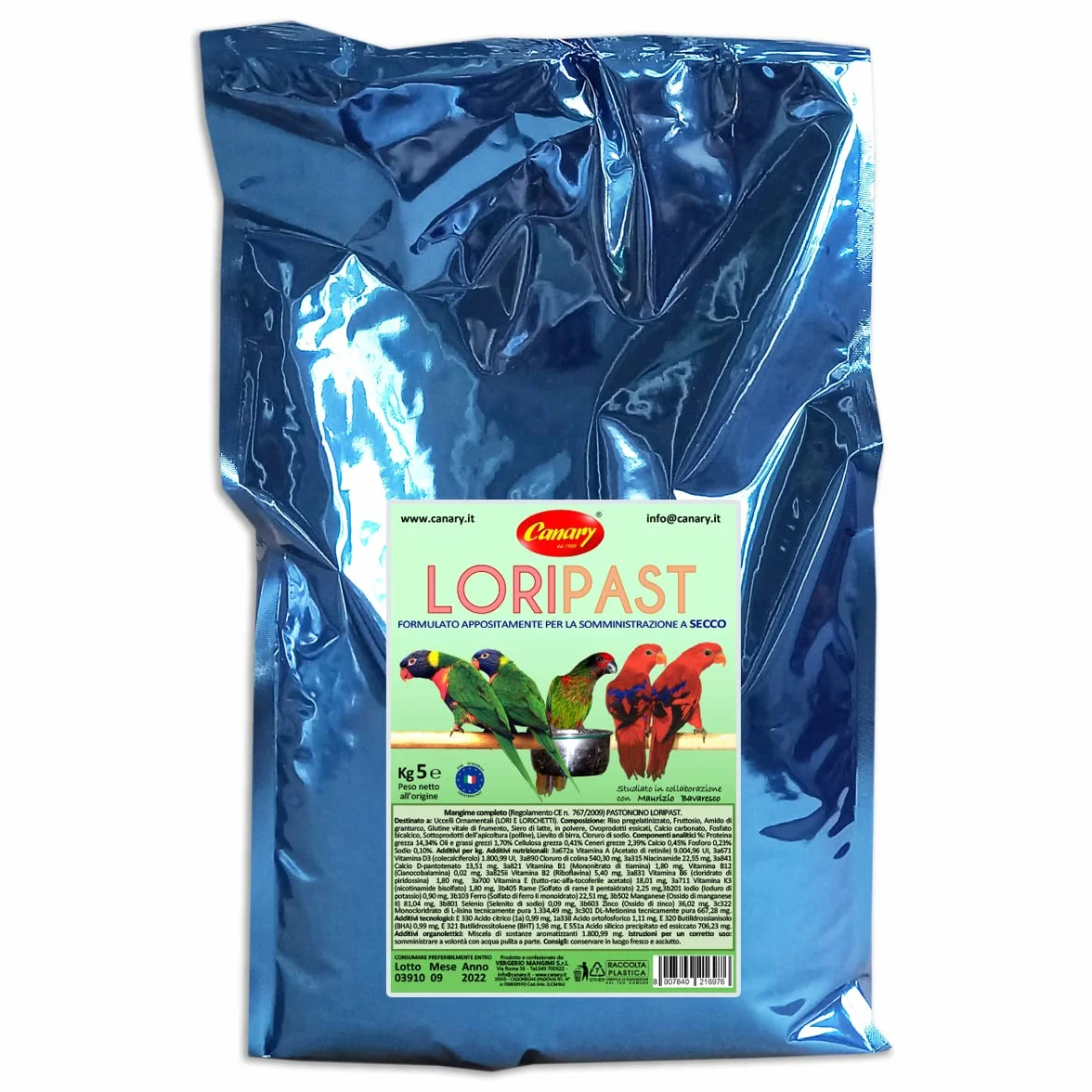 Canary Loripast 5kg, mangime per lorichetti e pappagalli, pastoncino in farina per lori, alimento completo per alimentazione a secco, confezione da 5Kg.