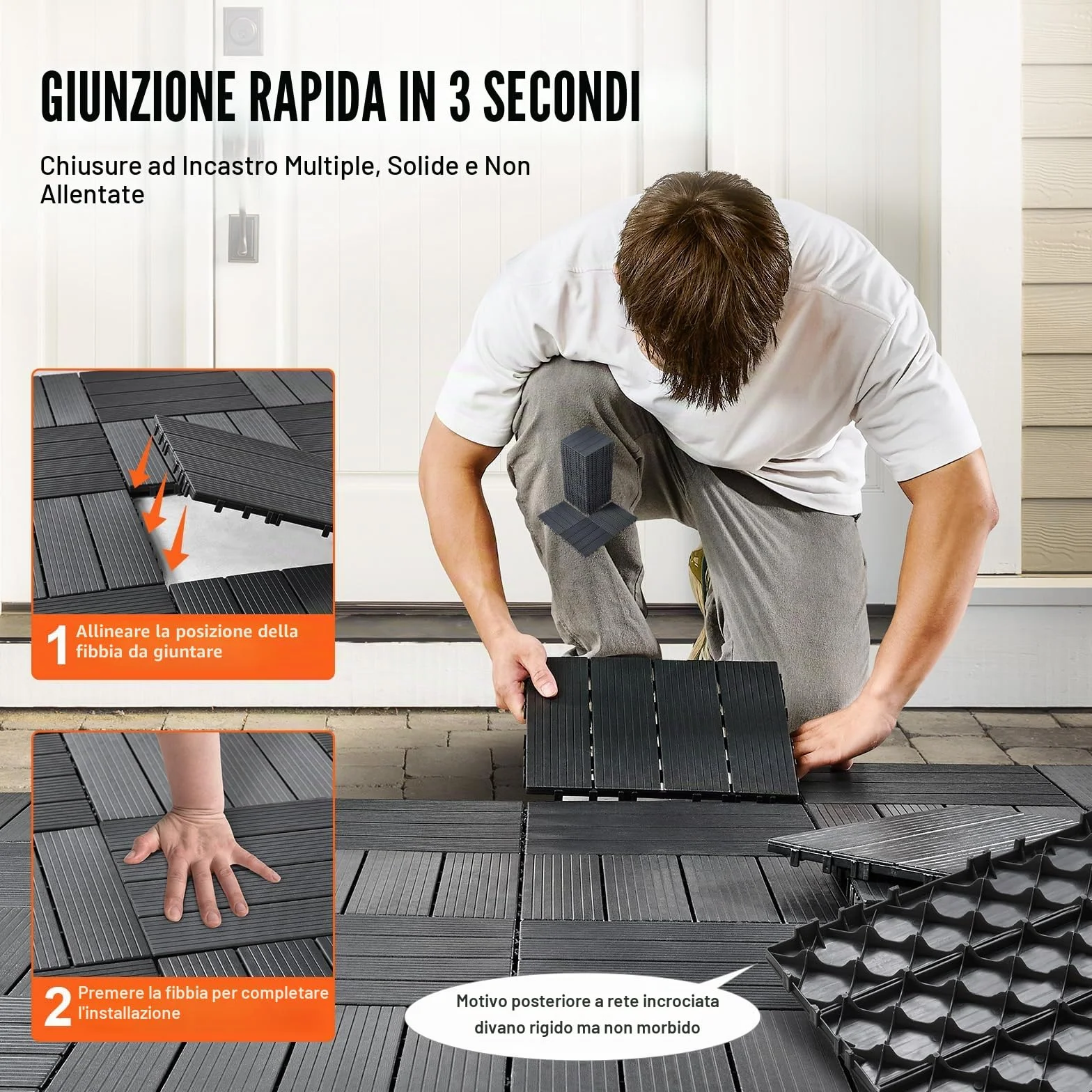 VEVOR Piastrelle per Patio ad Incastro 36 Pezzi 300 x 300 x 20 mm, Piastrelle Impermeabile in Plastica, Piastrelle per Tutte Le Condizioni Atmosferiche, per Portico Piscina Cortile, Grigio Scuro