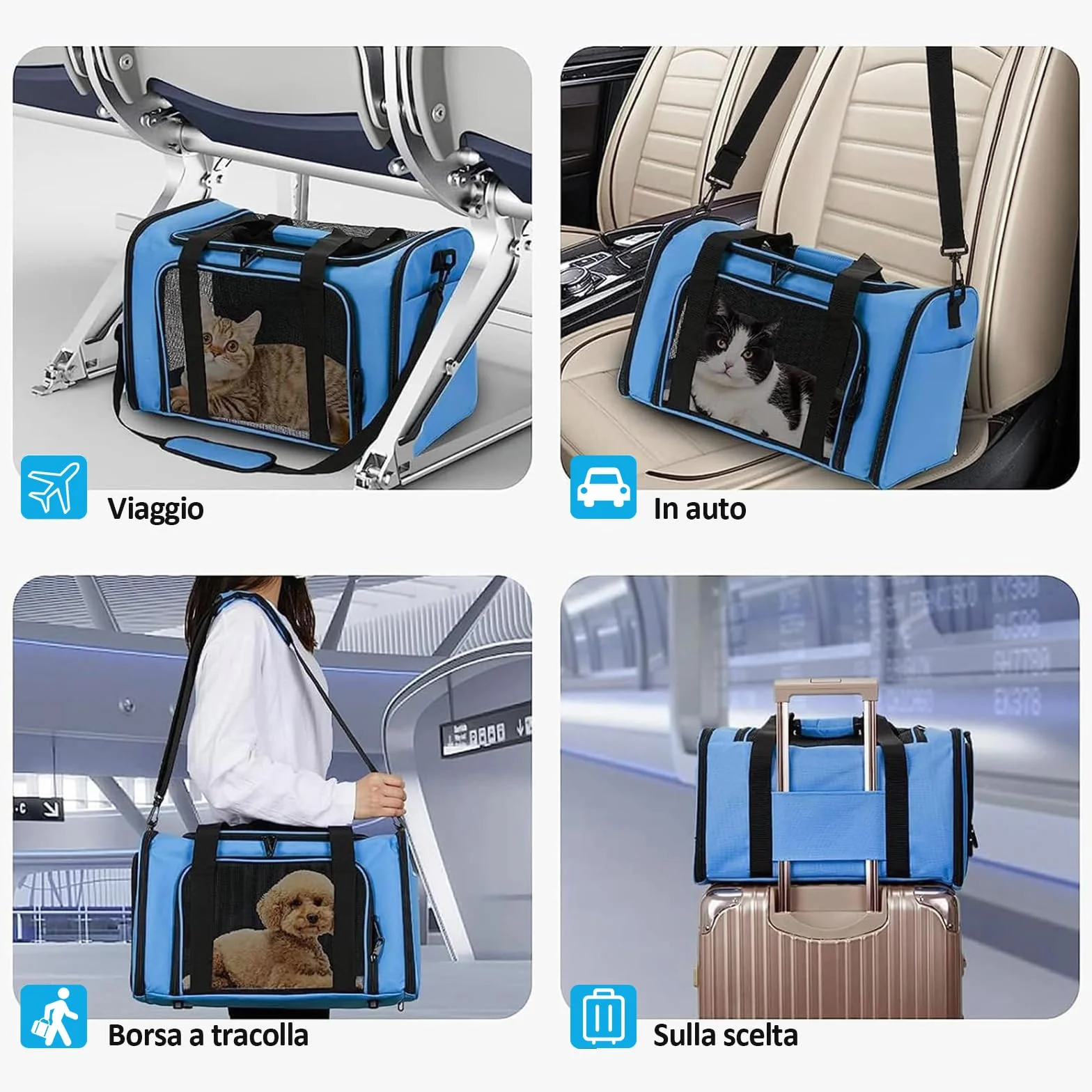 Trasportino per Cani e Gatti, Gabbietta per Animali Domestici, Tappetino Lavabile Rimovibile, con Tracolla, Borsa Ripiegabile Viaggio Sull' Aereo (Blu) L 50 x B 34 x H 34 cm