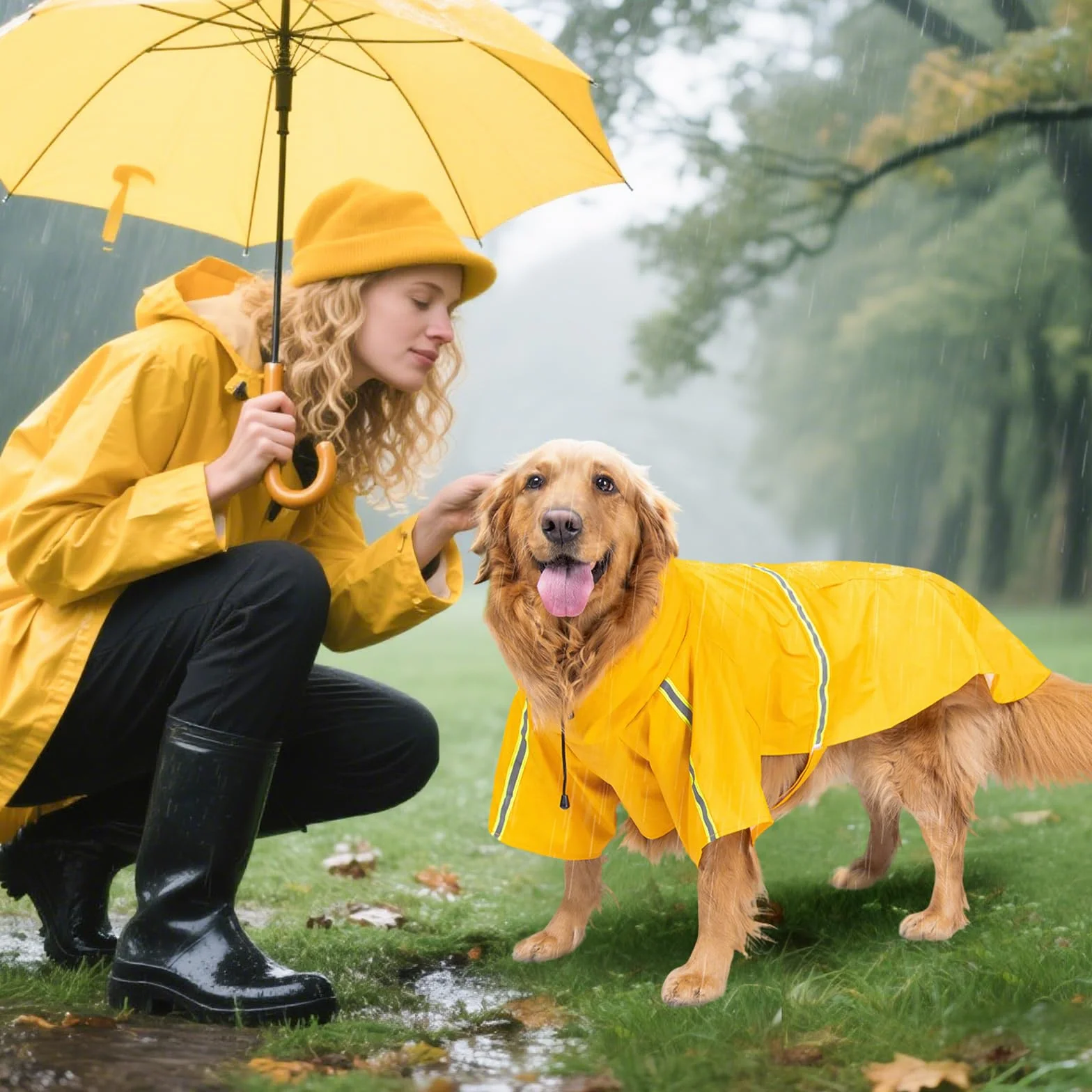 PETCUTE Impermeabile per Cani,Antipioggia Regolabile per Cani con Cappuccio e Foro per Colletto,Strisce Riflettenti Protettive,Ultraleggero 100% Cappotto Impermeabile per Animali Domestici