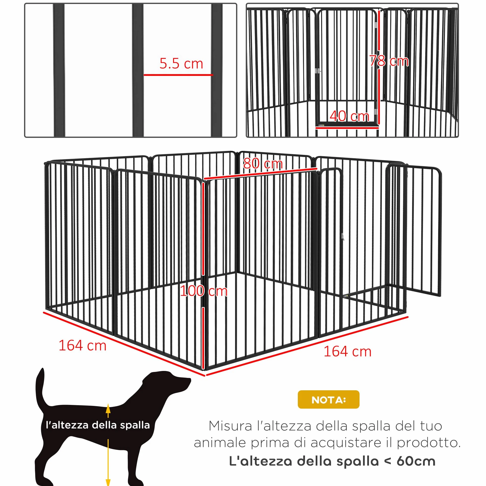 PawHut Box per Cani Taglia Piccola, Media e Grande a 8 Pannelli Modulabili da Interno ed Esterno, Cancello per Cani in Acciaio con 9 Picchetti, 164x164x100 cm, Nero
