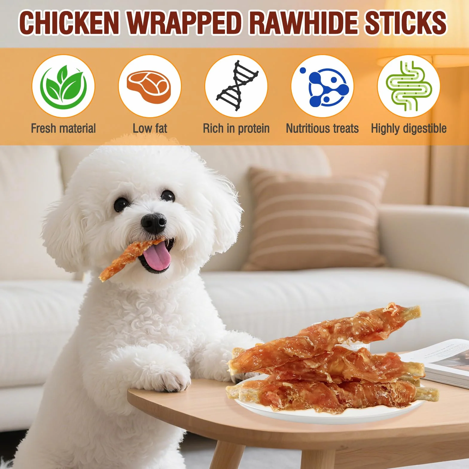 TZL 100g Snacks per Cani in Pelle Bovina Avvolta nel Pollo, Bastoncini Naturali per la Pulizia dei Denti e Masticativi di Lunga Durata per Cani di Piccola e Media Taglia, 4,7 pollici (12 cm) (100g)