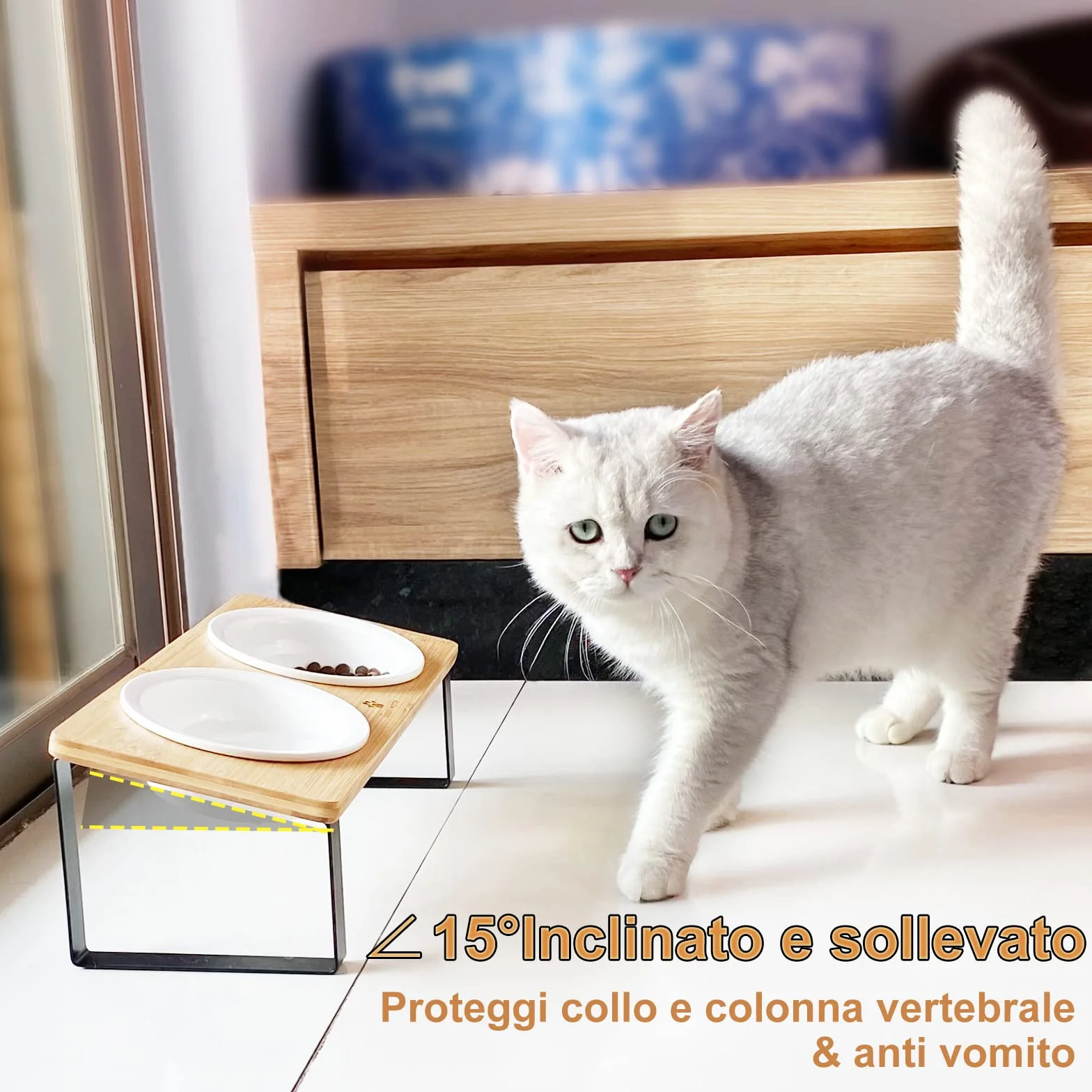 GUUSII HOME Ciotole per Gatti Rialzate Ciotola Gatto Ceramica Legno 15° Inclinate Gatto Set di Doppio Ciotole per Alimenti Ø14cm con Supporto in Bambù Inclinato Antiribaltamento (Colore legno)