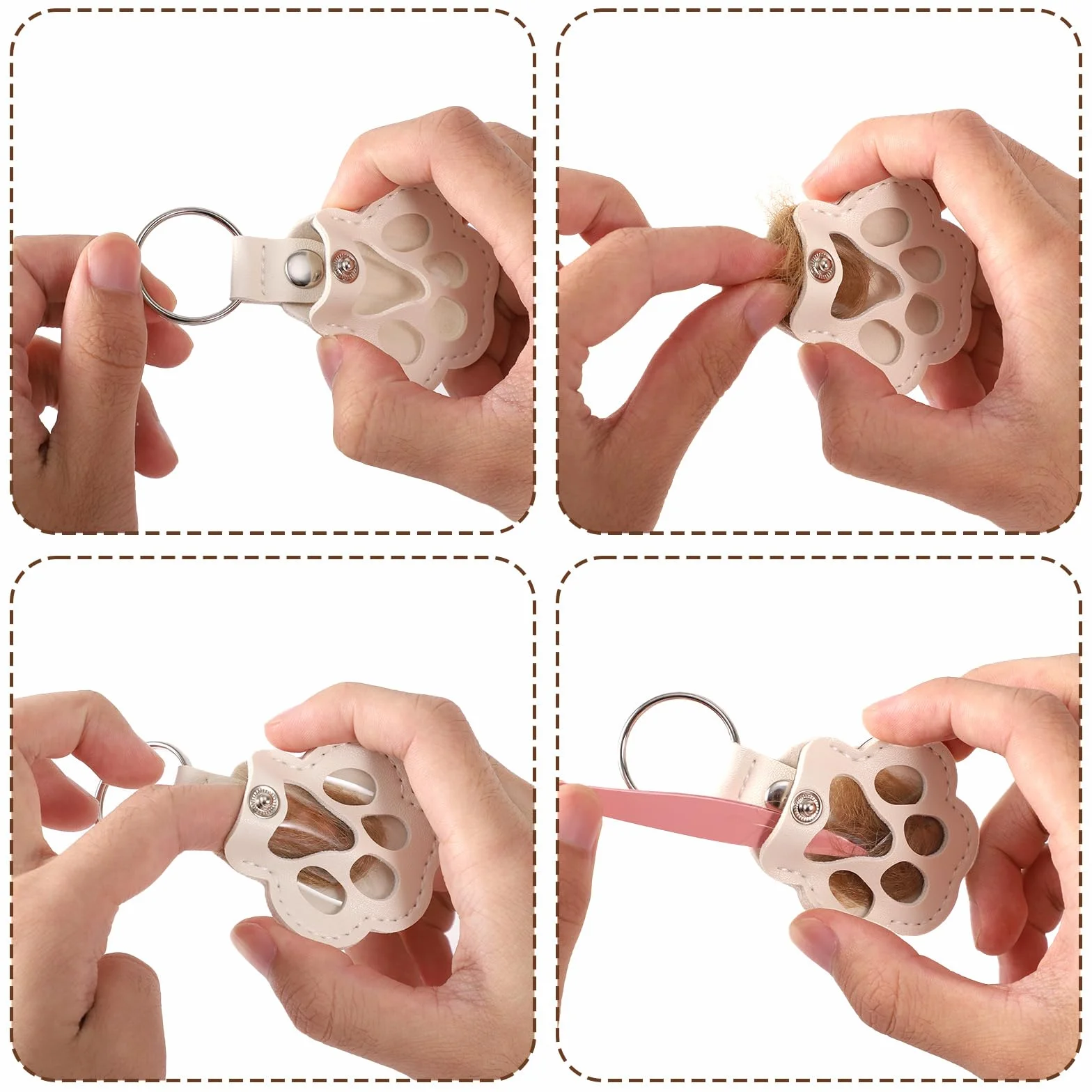 3pz Portachiavi per Peli di Animali, Portachiavi in Pelle a Forma Zampa Conservare Peli di Cani e Gatti Ricordo Commemorativo per la Raccolta Domestici (Bianco, Marrone Chiaro, Marrone Scuro)
