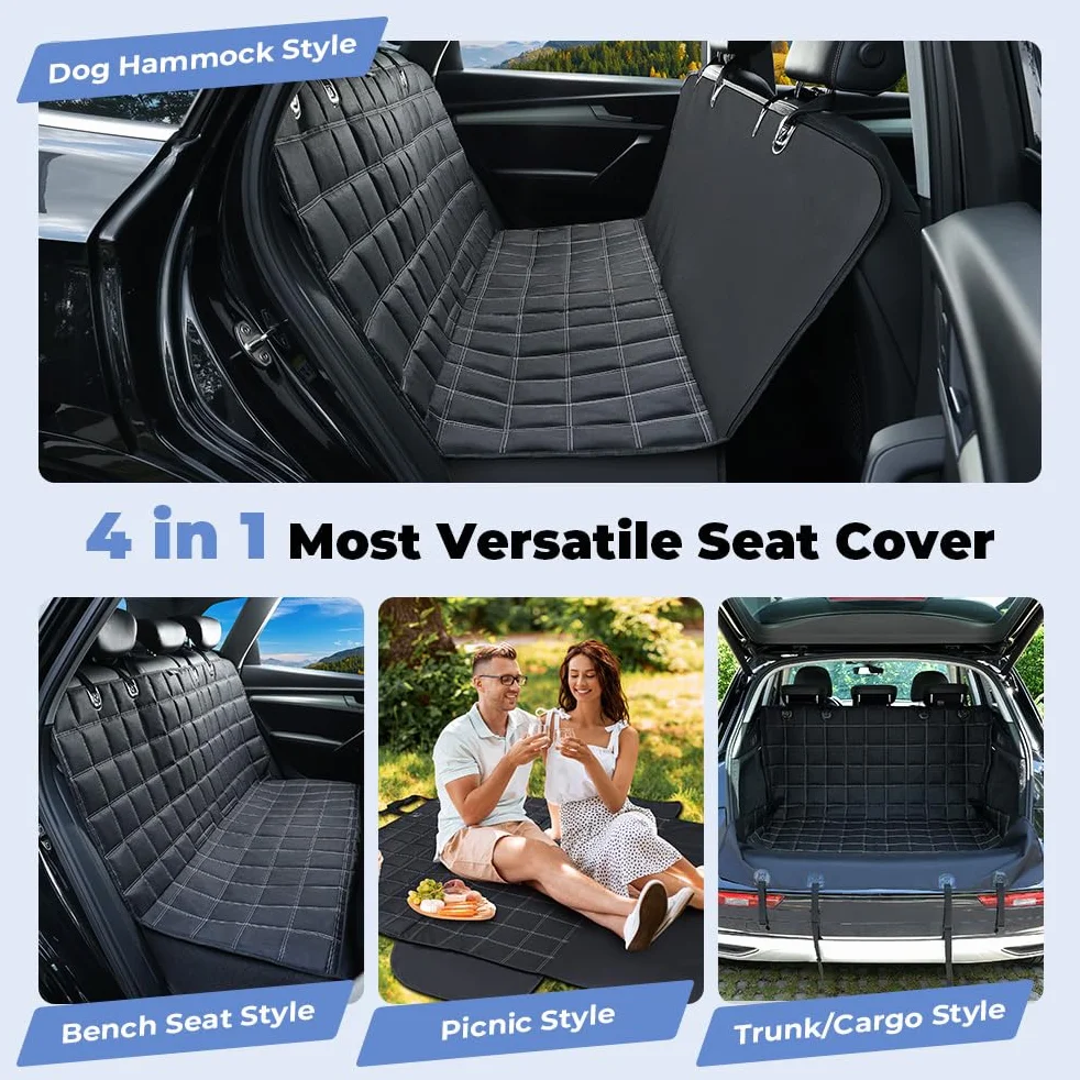 KYG Copertura per cani per sedile posteriore dell'auto 4 in 1, sedile posteriore con protezione laterale, 100% impermeabile, antigraffio e antiscivolo, per auto, camion e SUV, 135 x 147 cm, nero