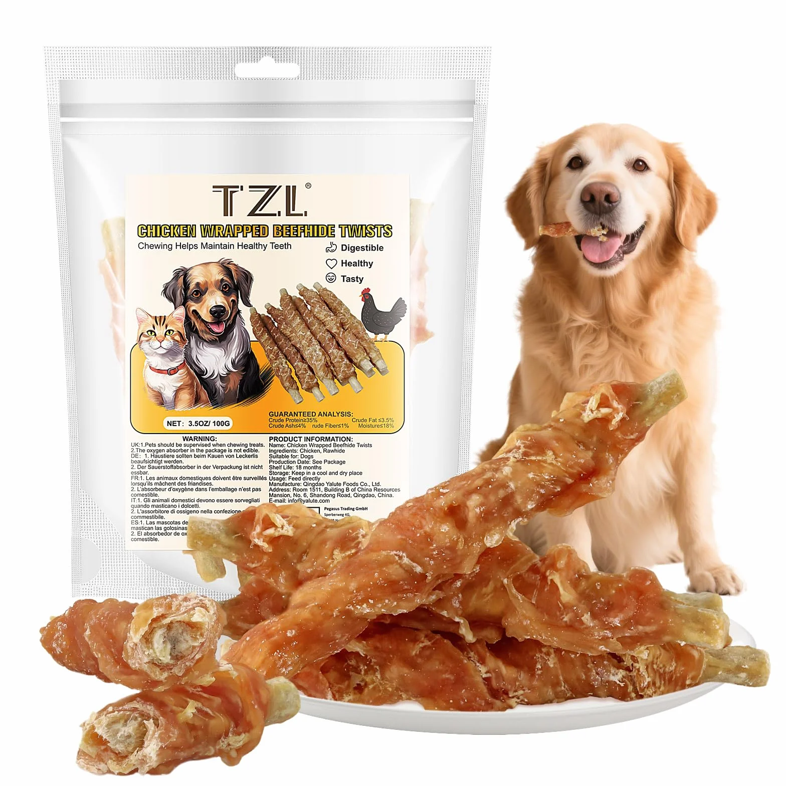 TZL 100g Snacks per Cani in Pelle Bovina Avvolta nel Pollo, Bastoncini Naturali per la Pulizia dei Denti e Masticativi di Lunga Durata per Cani di Piccola e Media Taglia, 4,7 pollici (12 cm) (100g)