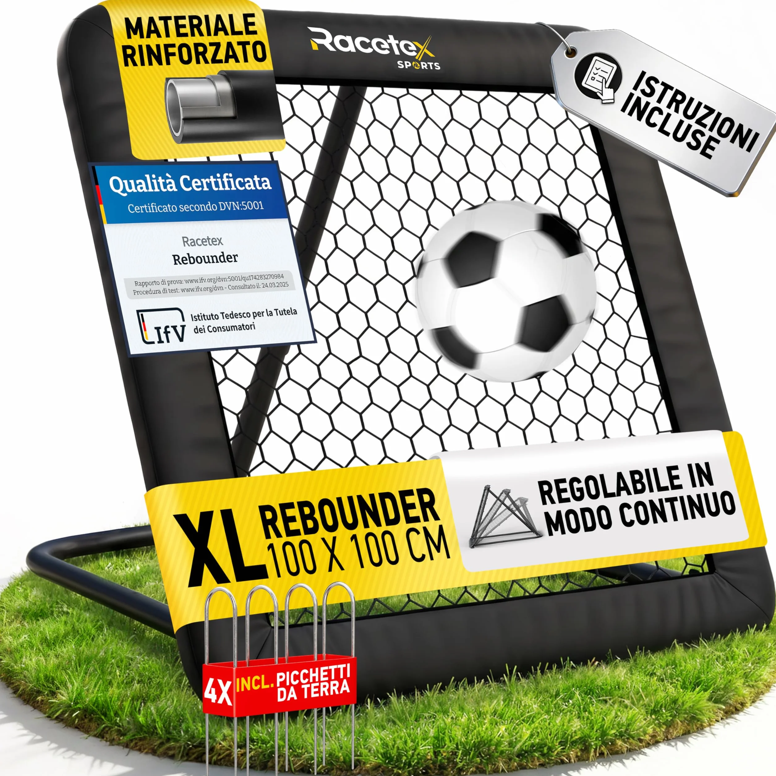 Racetex Rimbalzo per calcio 100 x 100 cm [con copertura] – Rimbalzo da calcio con struttura robusta – Regolabile in modo continuo – Calcio per tiro, passaporto e allenamento