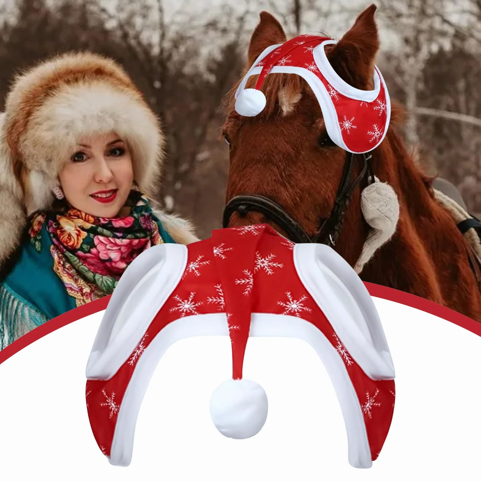 Cappello di Natale per cavallo Babbo Natale copertura testa fiocco neve costume equitazione invernale
