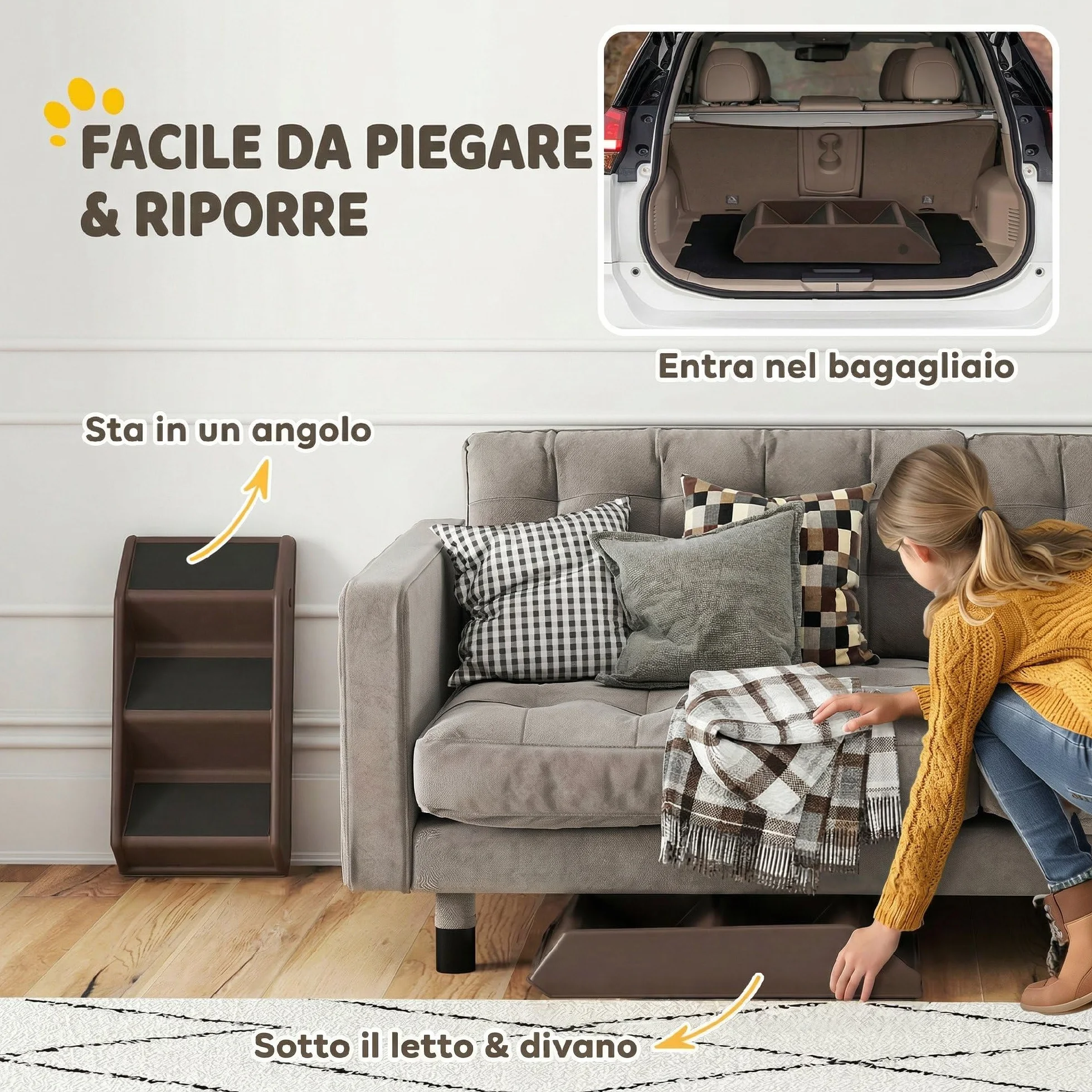 PawHut Scaletta per Cani e Gatti Pieghevole 3 Scalini Antiscivolo 10 kg 53x30.5x36.5 cm Marrone