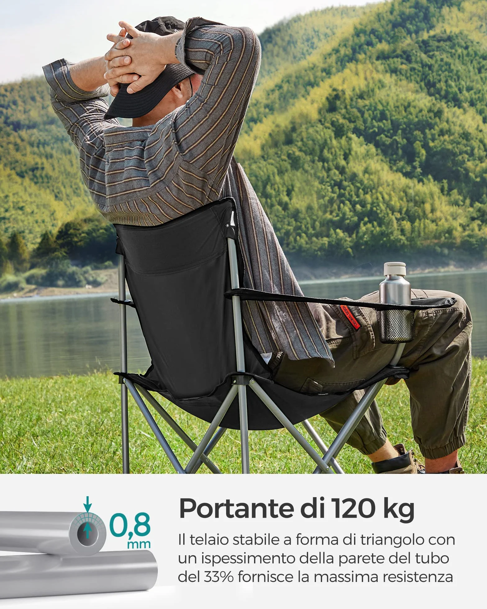 SONGMICS Sedie da Campeggio Set di 2 Pieghevole Portabile Braccioli Portabicchiere Portante 120 kg Nero GCB01BK