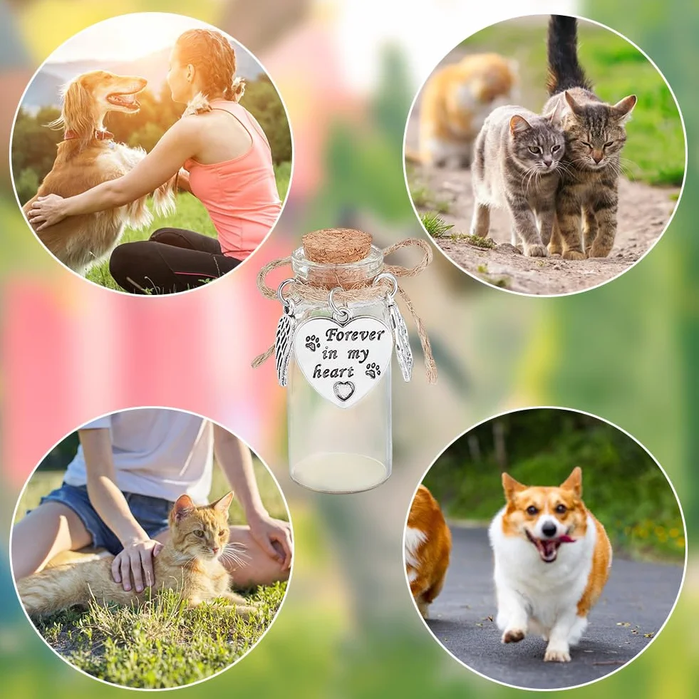 2 bottiglie commemorative in vetro con peli di animali domestici, in vetro con ciondolo a forma di cuore e tappo in sughero, per cani e gatti per animali domestici