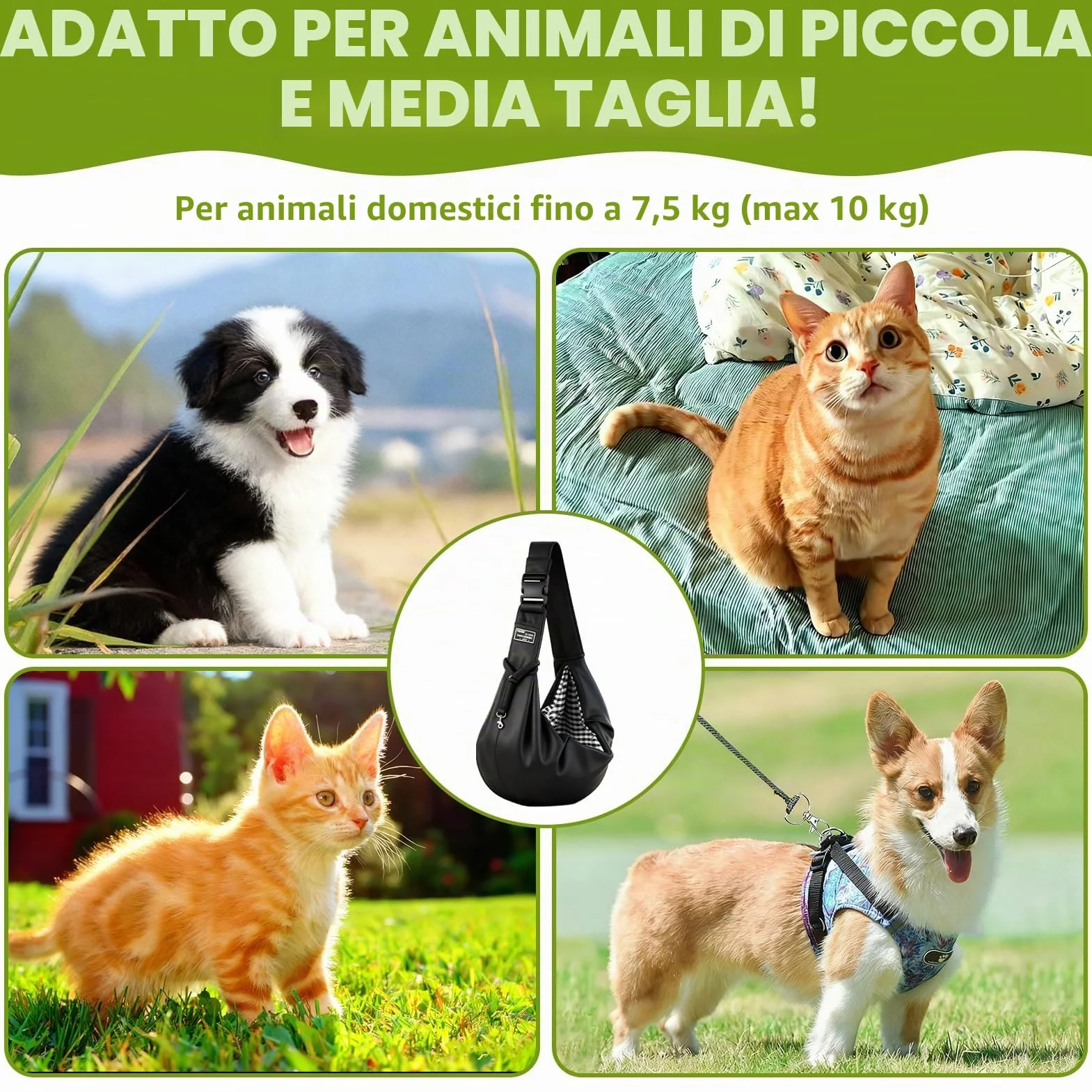 Borsa da Viaggio per Cani Regolabile Cross-Body Pet Sling Carrier Fino a 7.5 KG Nero