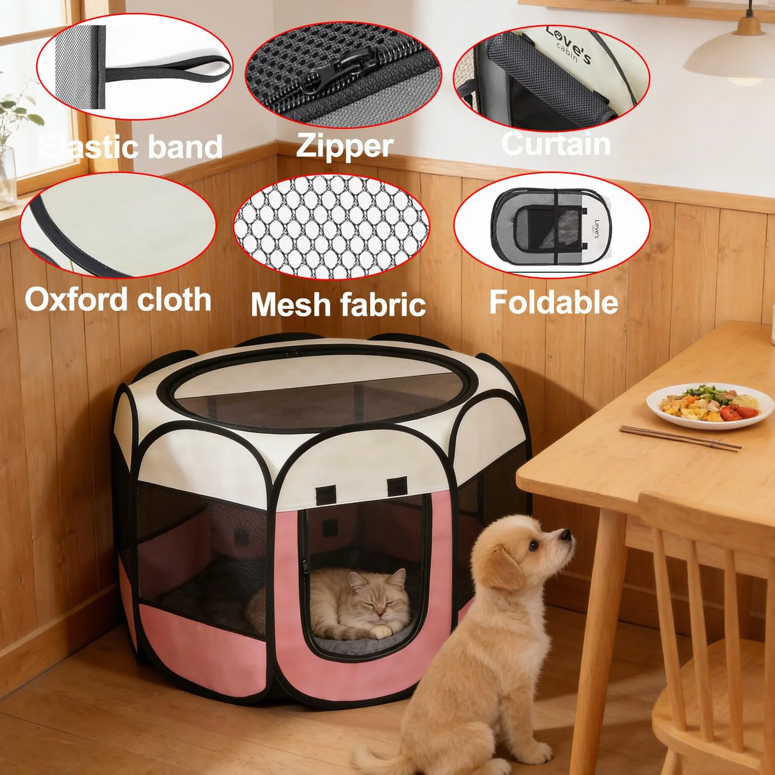 Recinto per Cani da Interno, 74x74x43cm Gabbia per Gatti recinto per conigli da interno kennel cane piccolo Box Pieghevole per Cane, Gabbia per Gatto Esterno (rosa + bianco crema, 74x74x43cm)