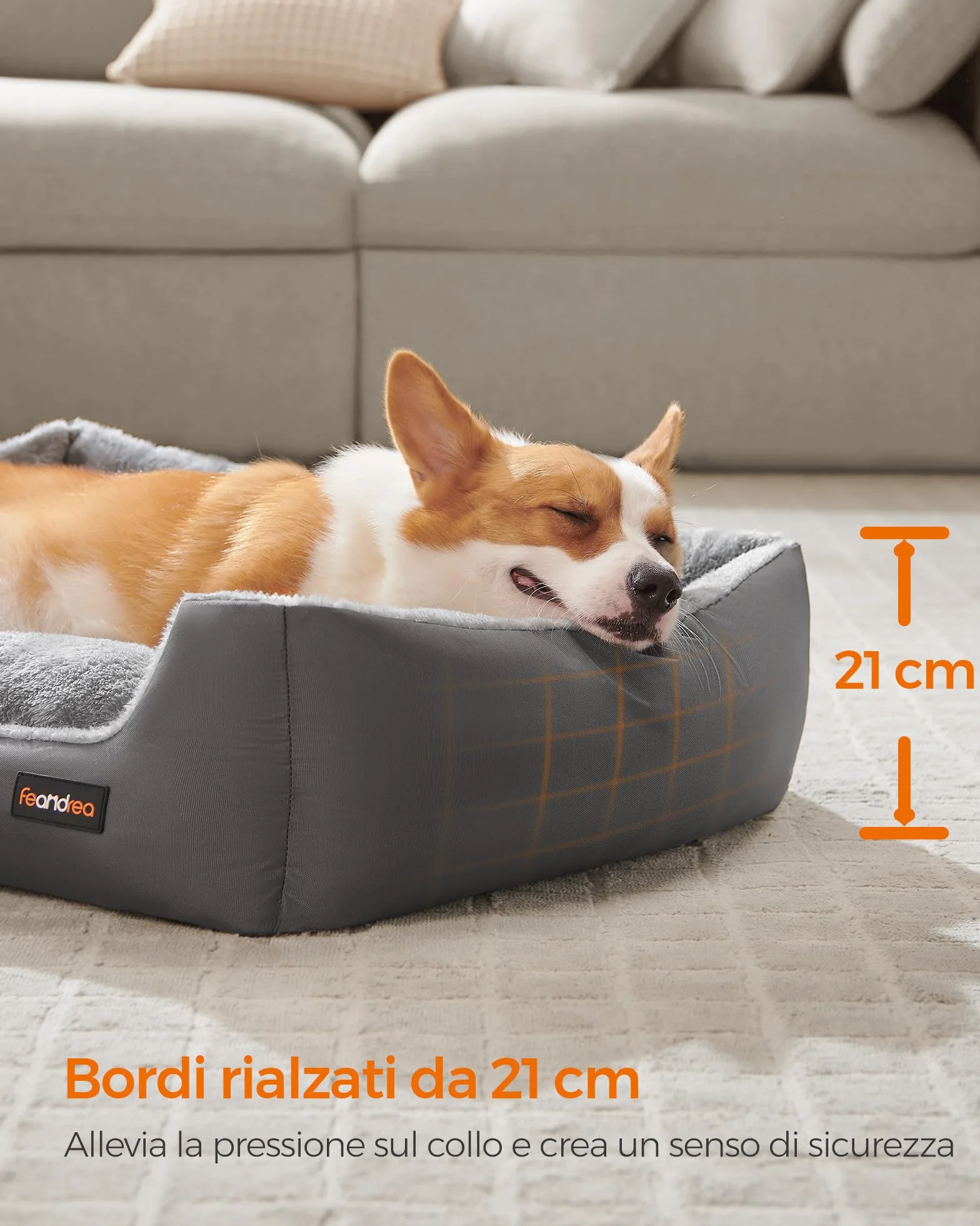 Feandrea Cuccia Cane Interno, Cuccia per Cani e Animale Domestico, Tappeto Rimovibile e Reversibile, Bordi Rialzati, Fondo Antiscivolo, L, 85 x 65 x 21 cm, Grigio Ardesia e Grigio Tortora PGW004G02