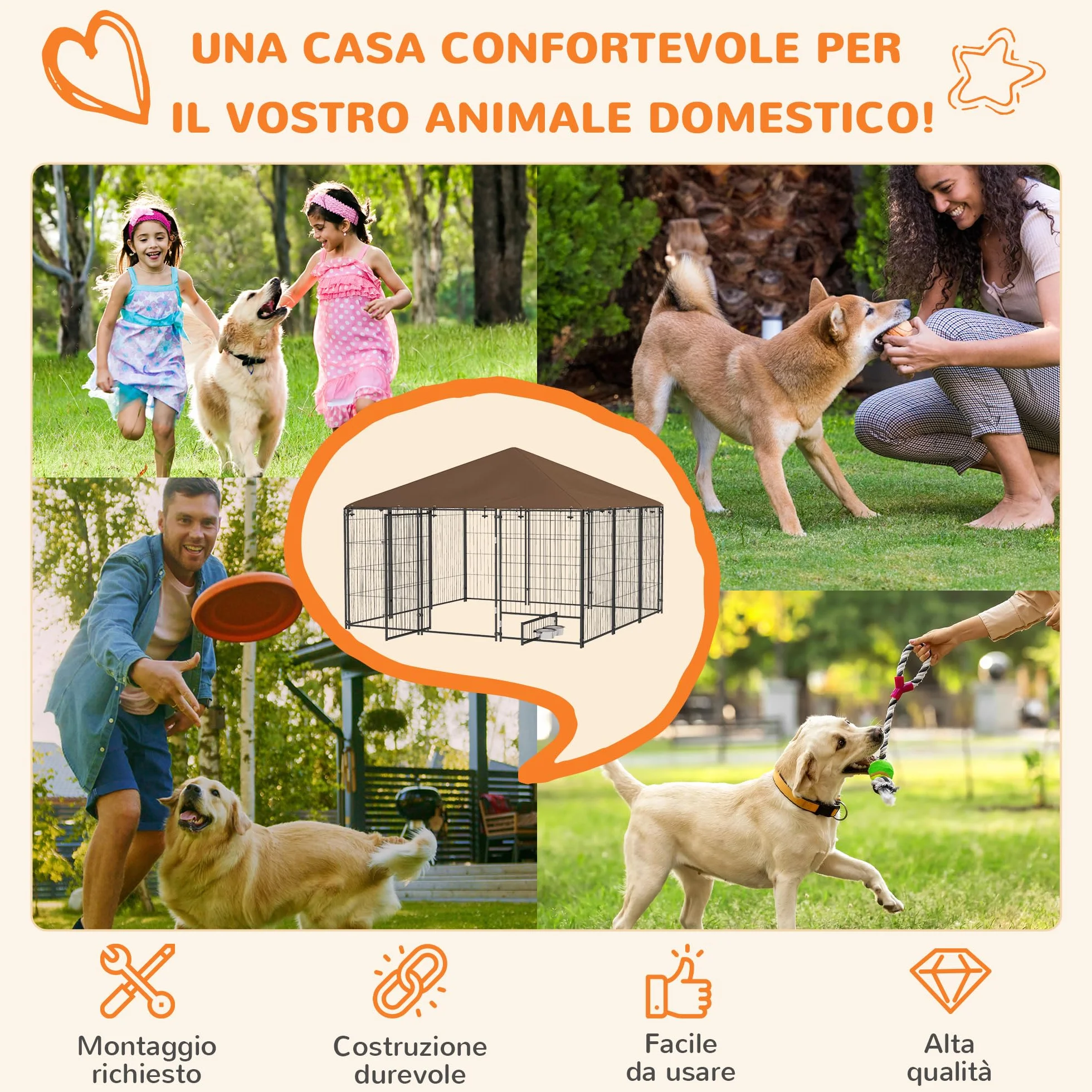 PawHut Recinto per Cani Acciaio 211x211x151 cm Tetto Anti-UV Impermeabile Ciotola Girevole Nero e Marrone