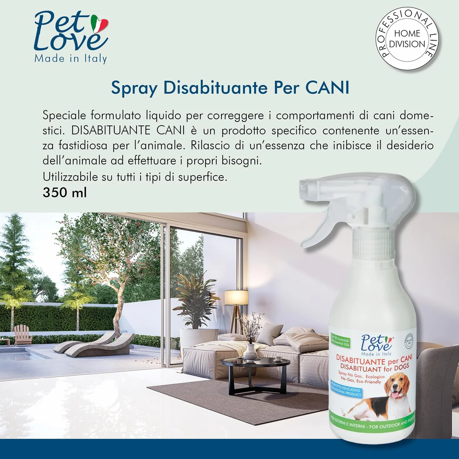 PET LOVE Spray Disabituante Repellente per Cani - Anti Urina per Interni ed Esterni - Barriera Olfattiva - 350 ml