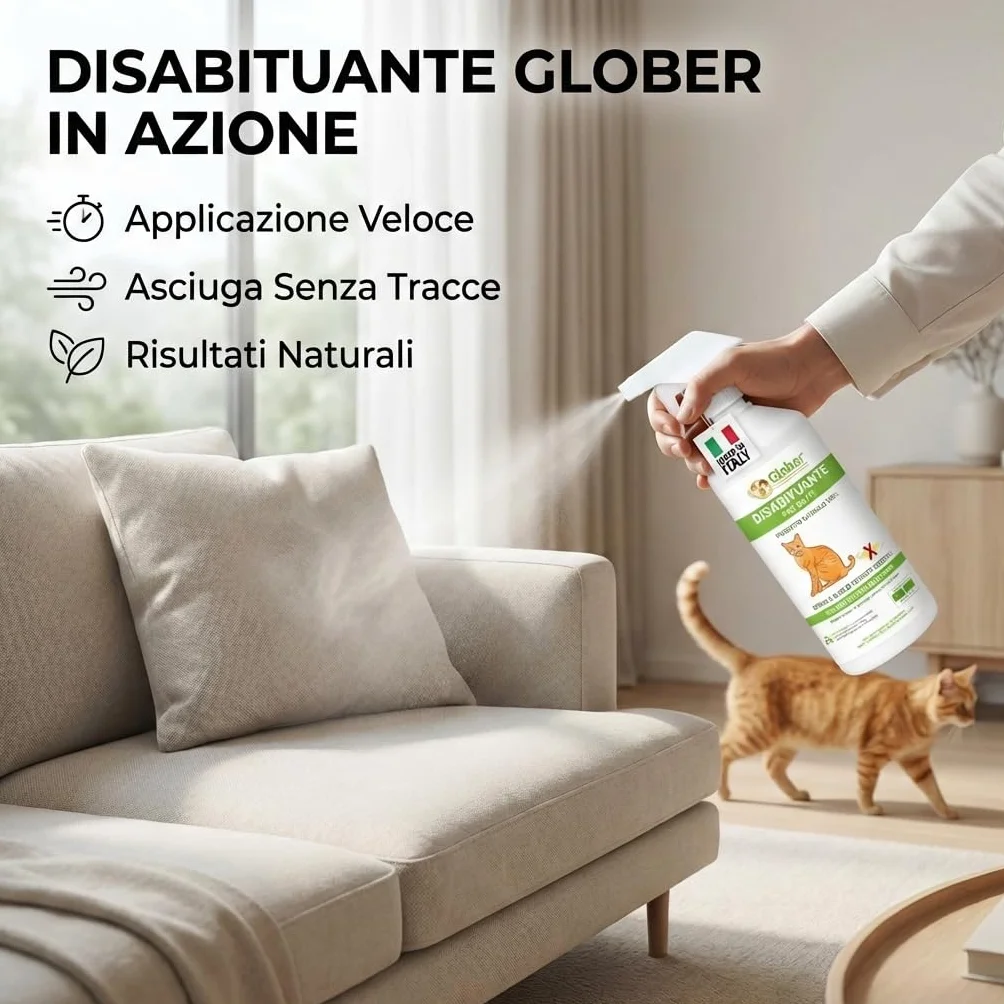 GLOBER Disabituante per Gatti Anti Urina - Spray 750ml - Made in Italy, 100% Base Vegetale per Interni ed Esterni - Addestrativo Urine Stop Gatto - Dissuasore Gatti e Elimina i Cattivi Odori