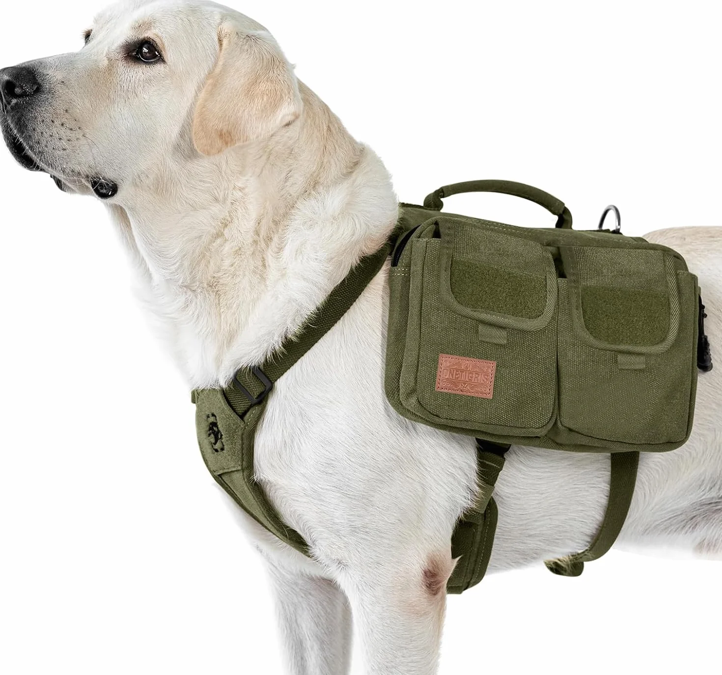OneTigris Hoppy Camper 3.0 - Pettorina per cani di taglia media/grande, zaino per cani di taglia media, 2 tasche principali, 4 tasche laterali, colore: verde, M