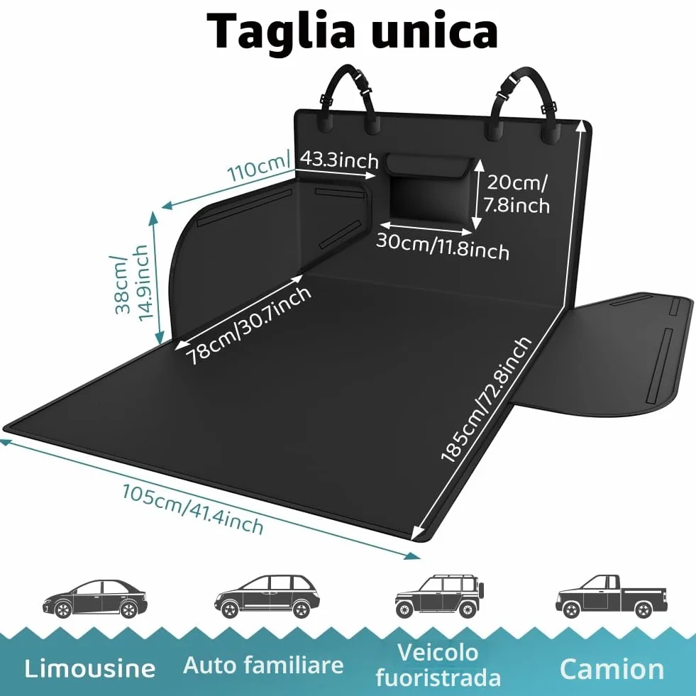 KYG Telo Auto per Cani Universale Impermeabile e Resistente Telo Bagagliaio Auto con Protezione Laterale Telo Cane Auto Bagagliaio Facile da Pulire per Auto, SUV e Camion, 185 * 105 * 38cm - Nero