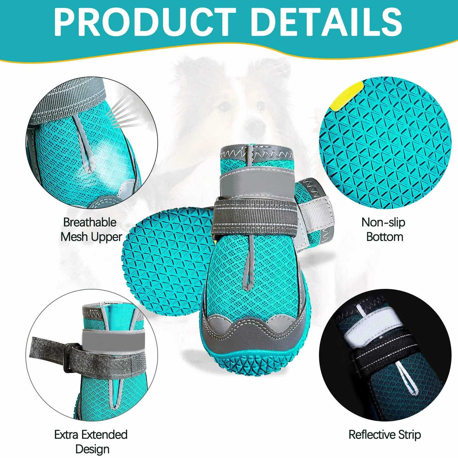 Stivali per Cani 4pcs Scarpe Traspirante Antiscivolo con Cinghie Regolabili Riflettenti Piccola Media