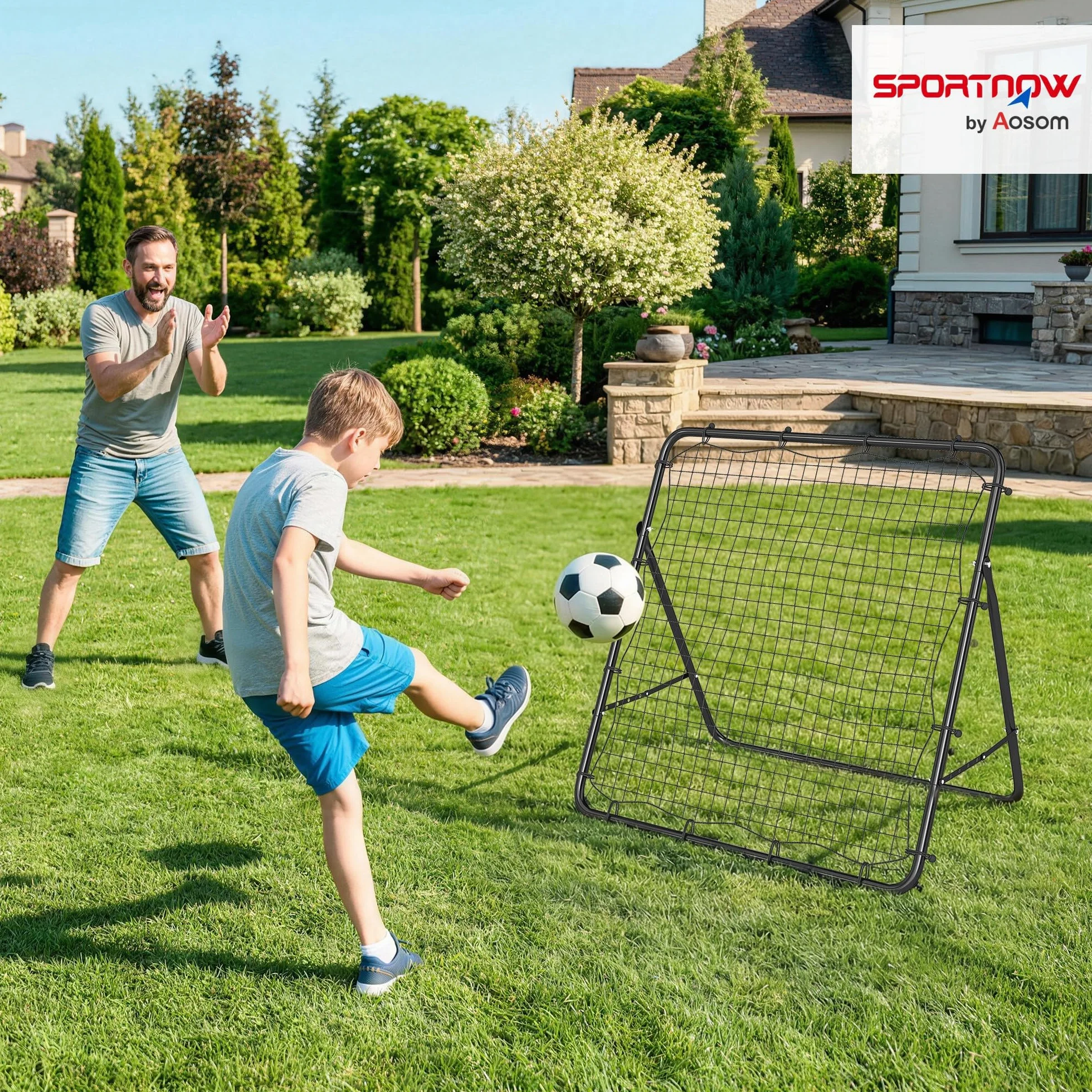 SPORTNOW Rete di Rimbalzo per Calcio Pieghevole, Rete da Calcio Rimbalzante con 5 Angolazione Regolabile in Acciaio, per Allenamento, Nero