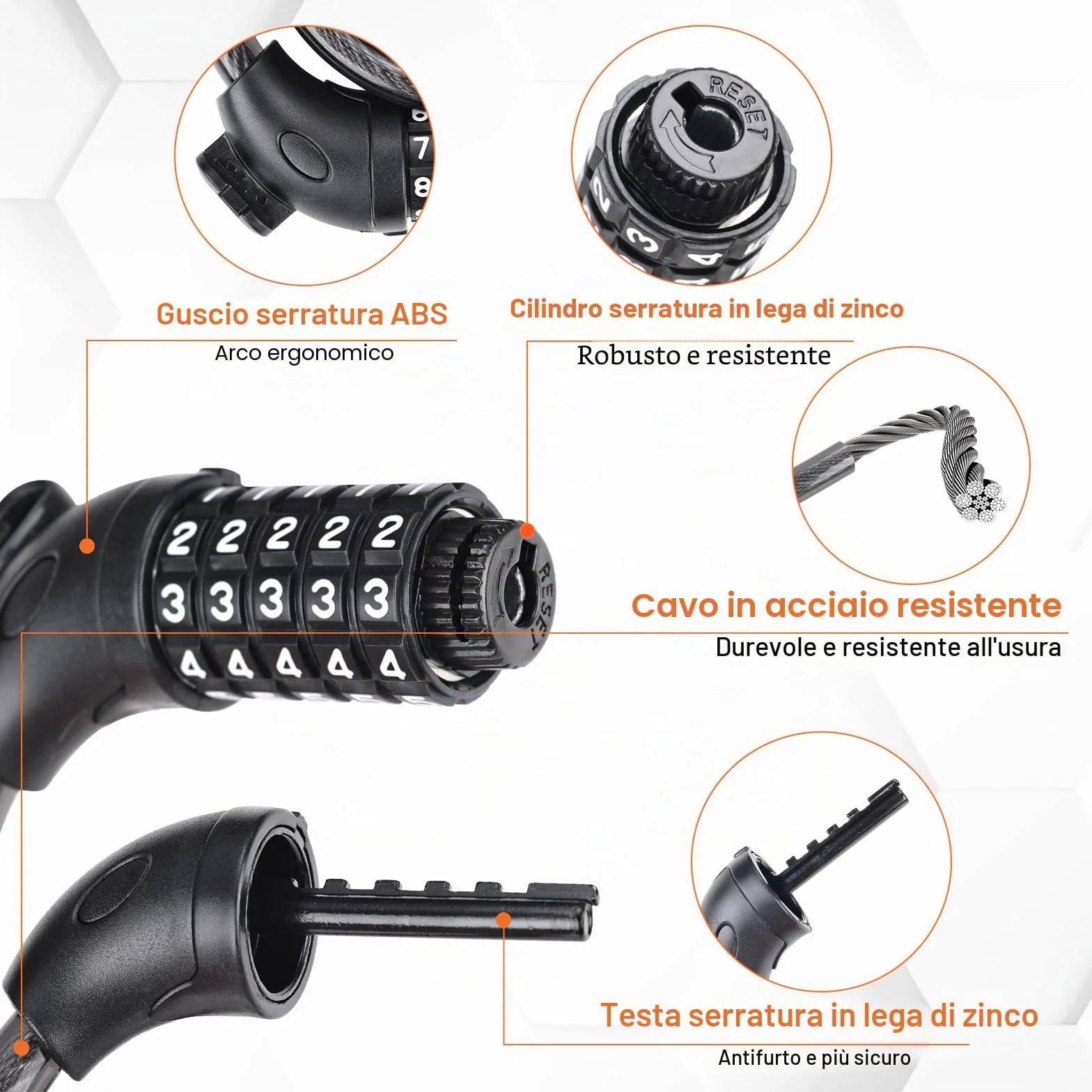 GRIFEMA GA1203-12 Lucchetto per bicicletta antifurto con combinazione di 5 cifre per biciclette, moto, scooter, 120 cm, nero