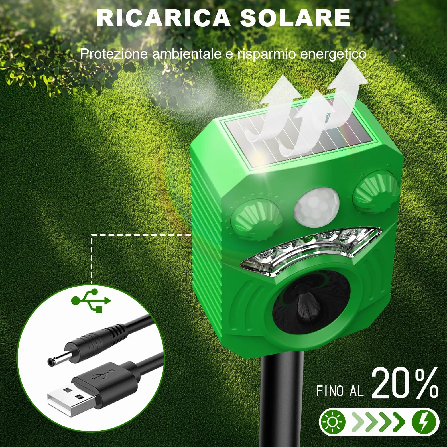 HOPPE'S Repellente per gatti, 5 modalità dissuasore per animali ad ultrasuoni alimentato ad energia solare, repellente per cani con luci LED per animali domestici, efficace contro piccioni, uccelli,