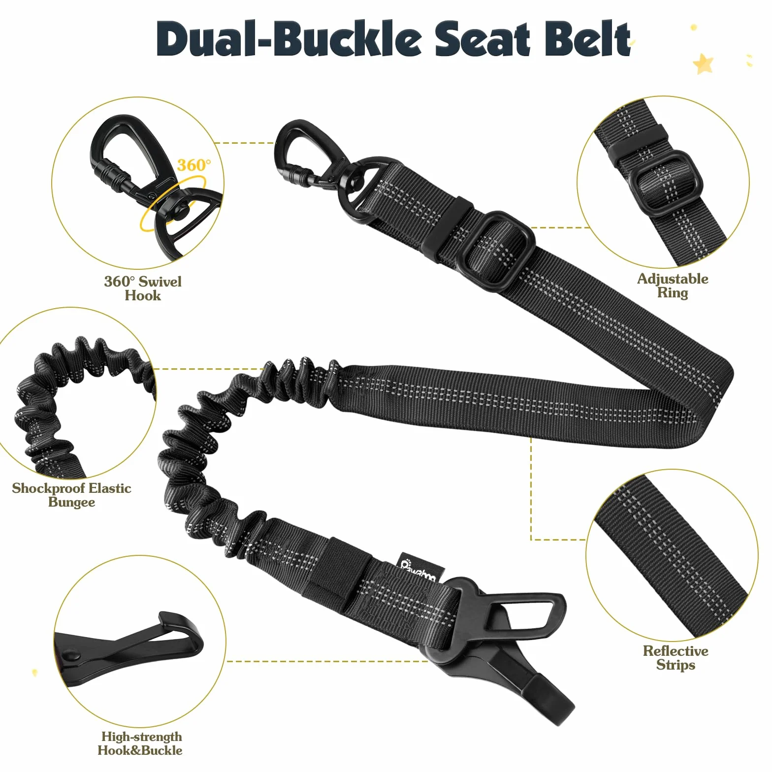 Pawaboo Cintura di Sicurezza per Cani da Auto,Imbracatura Cani Auto con Doppia Clip,Giubbotto Traspirante Regolabile&Cinghia Sicurezza con Elastico per Animali Piccola,Media,Grande, XL, Nero
