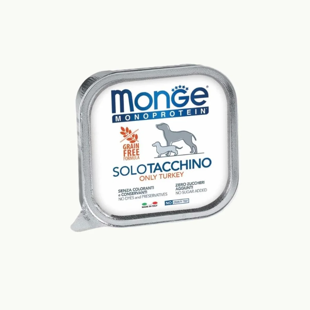 Monge Monoprotein cane, umido monoproteico per cani di tutte le taglie gusto SOLO TACCHINO formula grainfree | 12 vaschette da 150 grammi l'una.