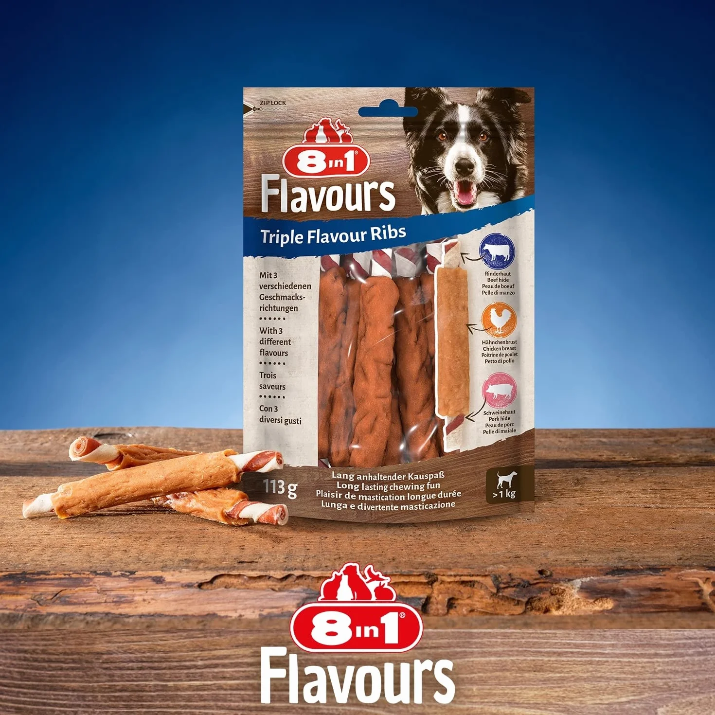8in1 Triple Flavour Ribs Bastoncini da masticare per cani - Snack da masticare con carne extra, confezione da 113 g (ca. 6 pezzi)