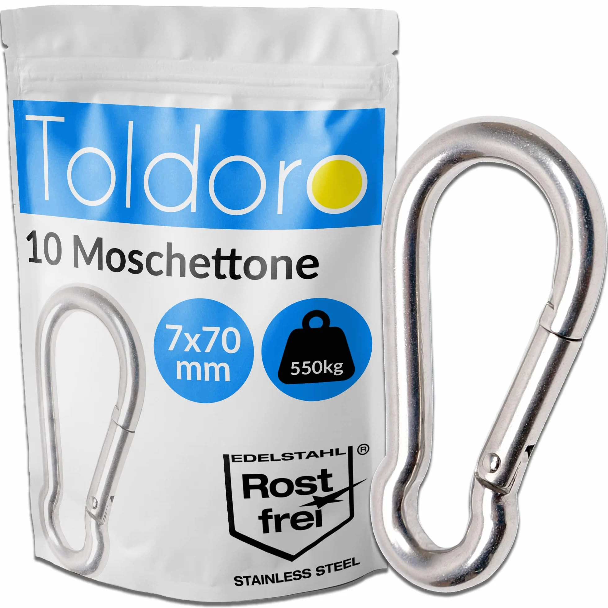 Toldoro® 10x Moschettone acciaio inox 7x70mm / Moschettone multifunzione per altalena, campeggio o slackline/Carabiner/Set di moschettoni piccolo