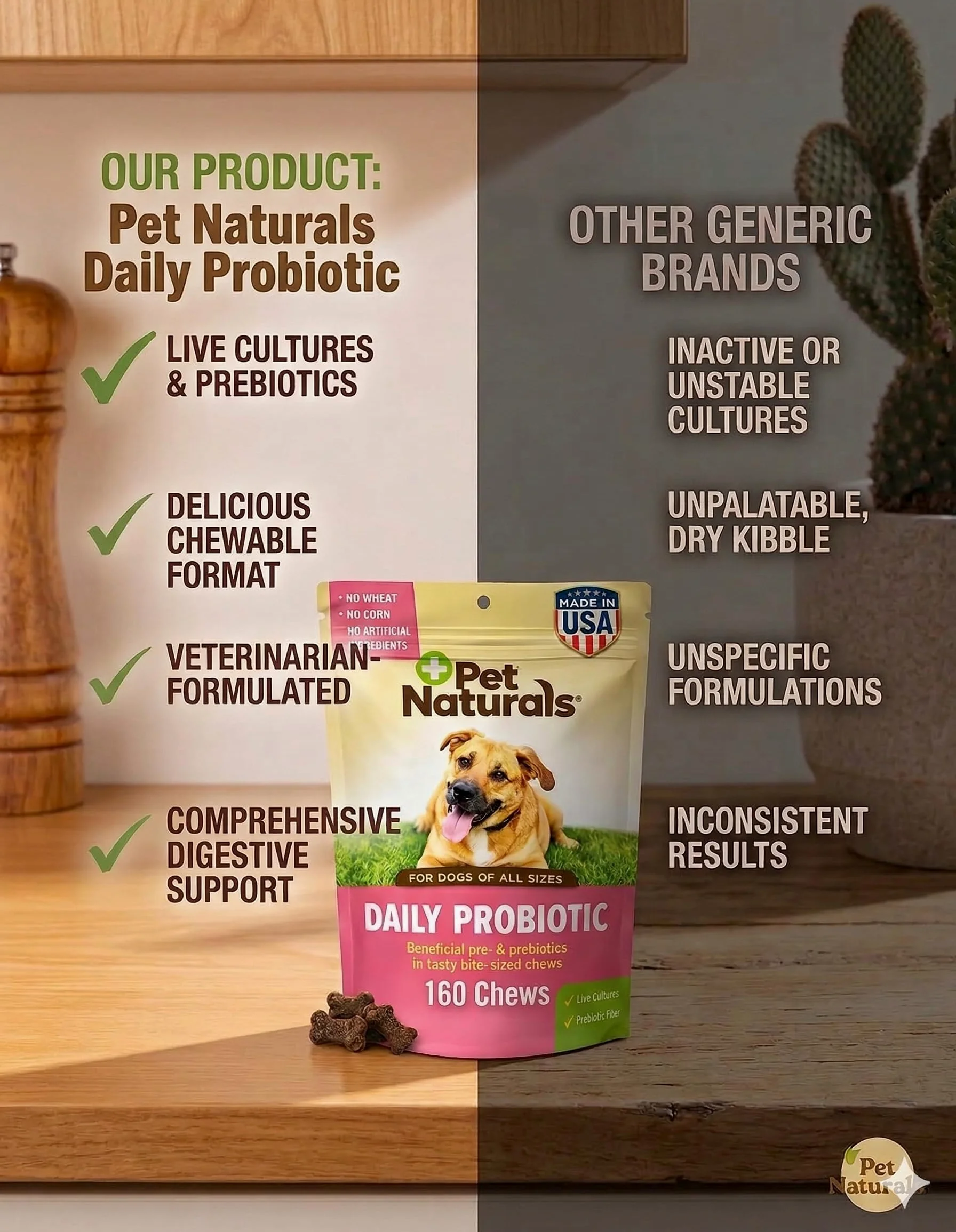 Pet Naturals Probiotico Giornaliero per Cani, Sapore di Anatra, 160 masticazioni - 120M CFUs Pre e probiotici per Cani Salute digestiva, Salute intestinale, Supporto immunitario, diarrea, allergie e