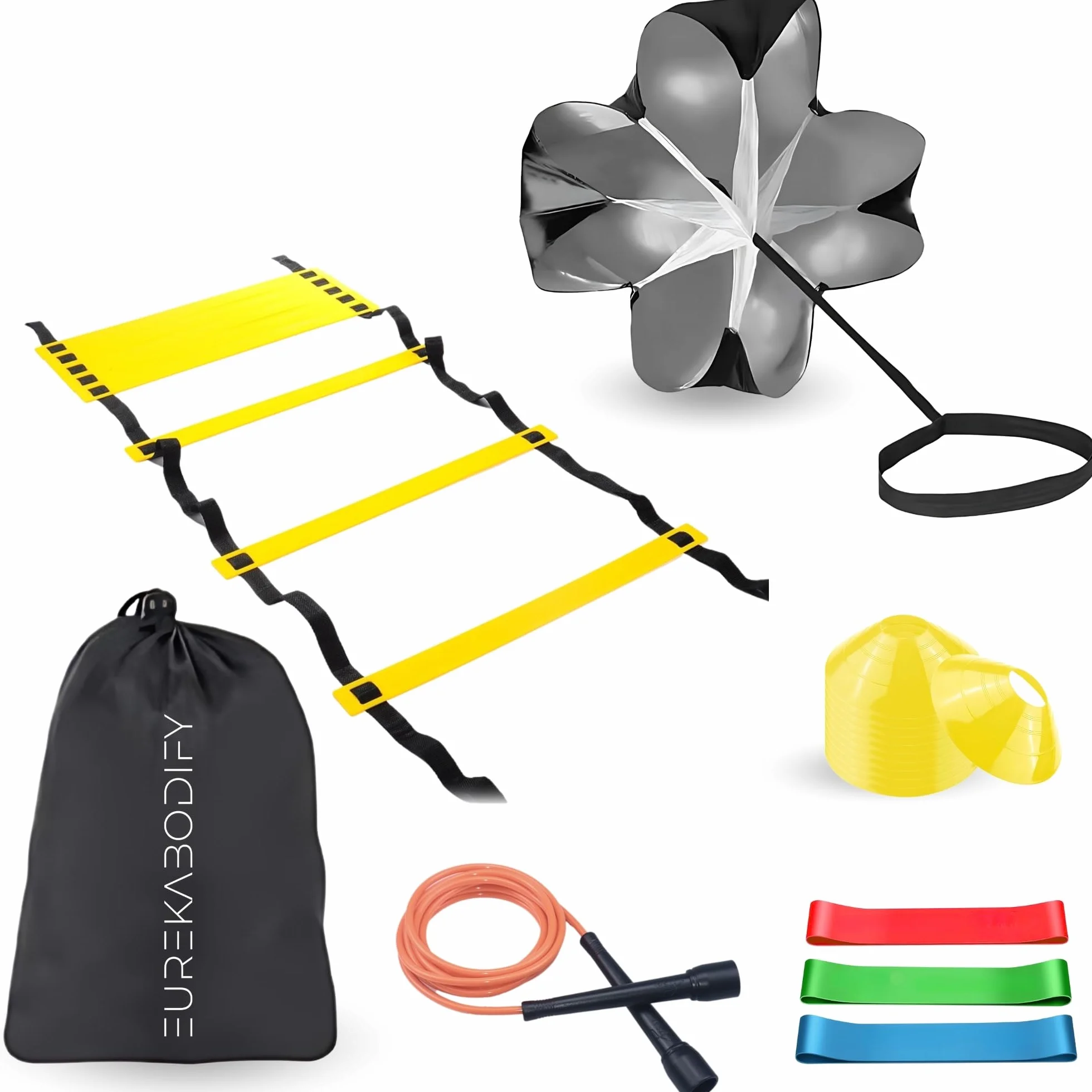 Kit Allenamento Calcio e Agilità - 10 Cinesini - Scala di Agilità 6m - Paracadute Allenamento - 3 Bande Elastiche di Resistenza - Corda per Saltare - Borsa da Trasporto
