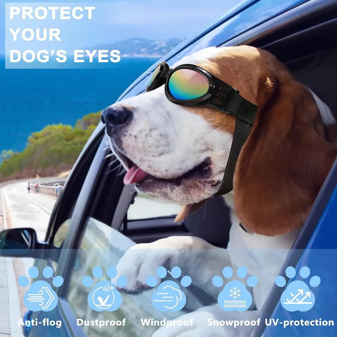 2 Pcs Occhiali per Cani, Occhiali da Sole e protettivi per Cani di Taglia Piccola, con Cinturini Regolabili e Pieghevole, Anti UV, Impermeabili, Antivento, Anti Appanamento