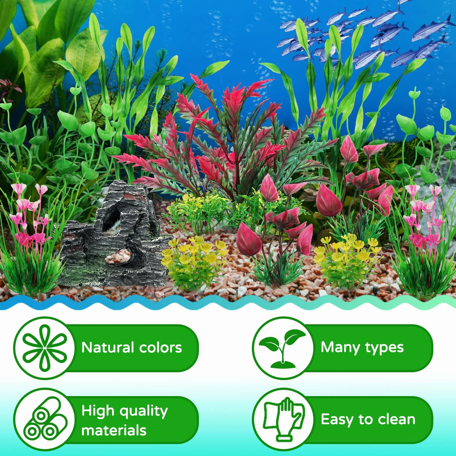 QUOZUO Decorazione per Acquario Pianta, Piante Artificiali per Acquario e Decorazione Grotta in Poliresina, Nascondiglio per Pesci, 12 Pezzi