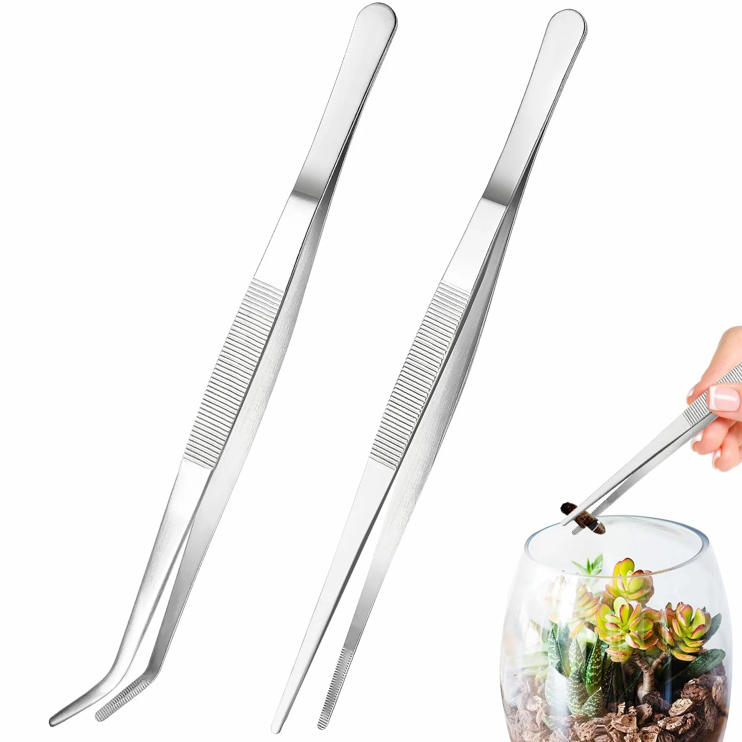 Pinzette per Acquario in Acciaio Inox Dritte/Curve 2 Pezzi per Aquascaping