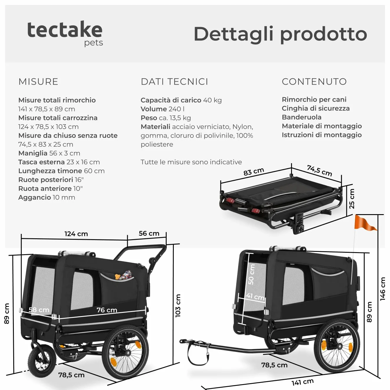 tectake® Carrello per Cani WoofRider, Multifunzionale con Bandierina di Segnalazione, Trasportino da Bicicletta, Jogger per Cani con Struttura Richiudibile, Inserti Mesh Traspiranti - Nero