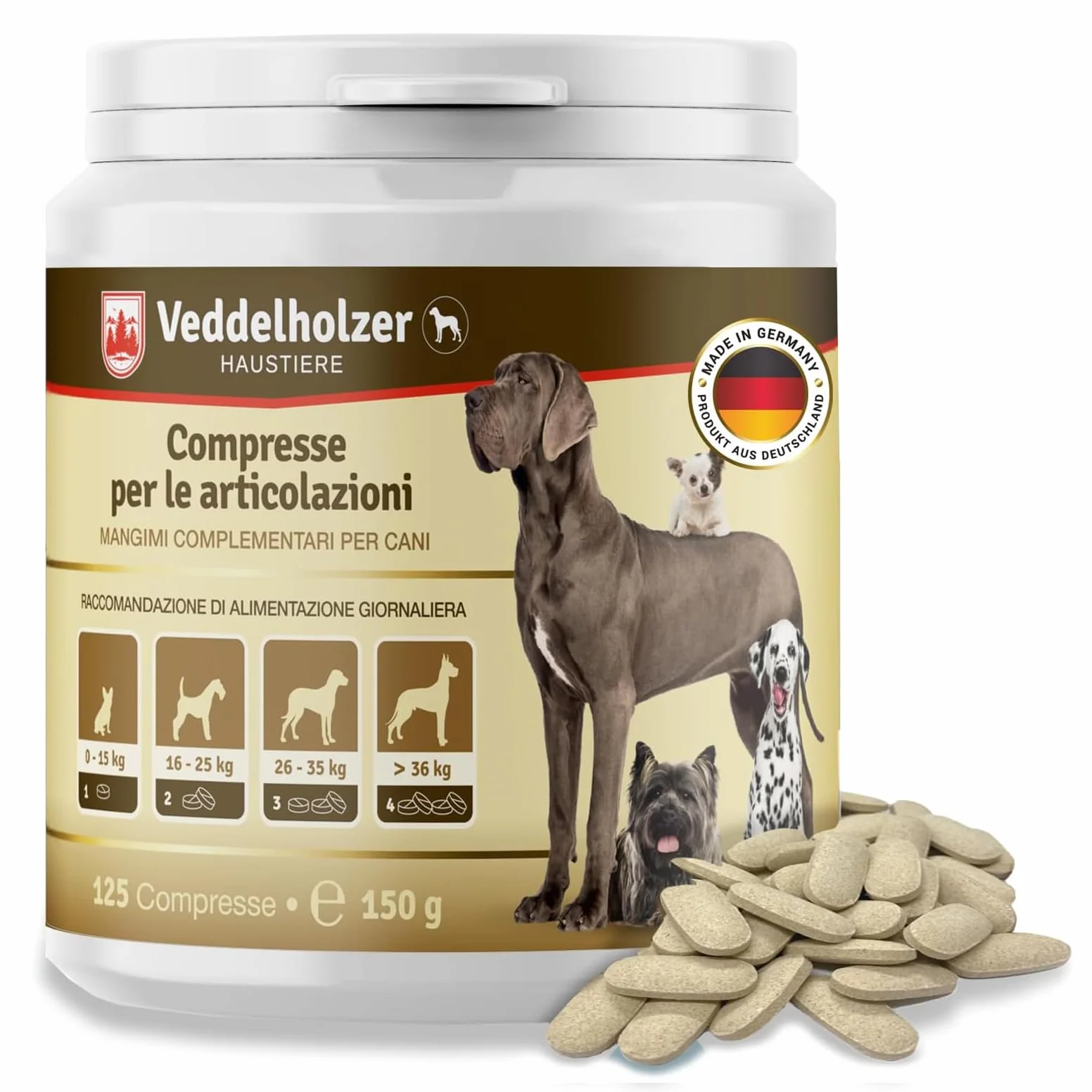 Veddelholzer VINCITORE CERTIFICATO 2024 Compresse per articolazioni cani con cozza dalle labbra verdi MSM artiglio del diavolo Glucosamina collagene