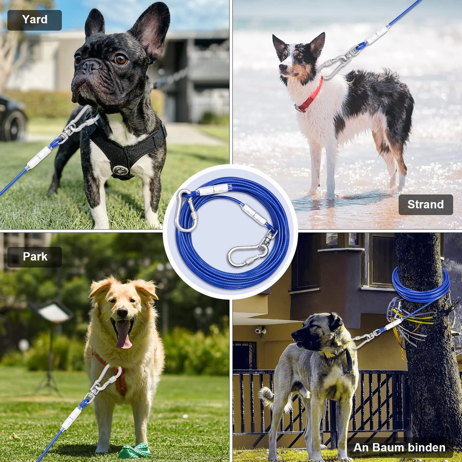Tie-Out guinzaglio per cani, 3/6/9/15 m, per il cortile, guinzaglio per cani (blu, 15 m