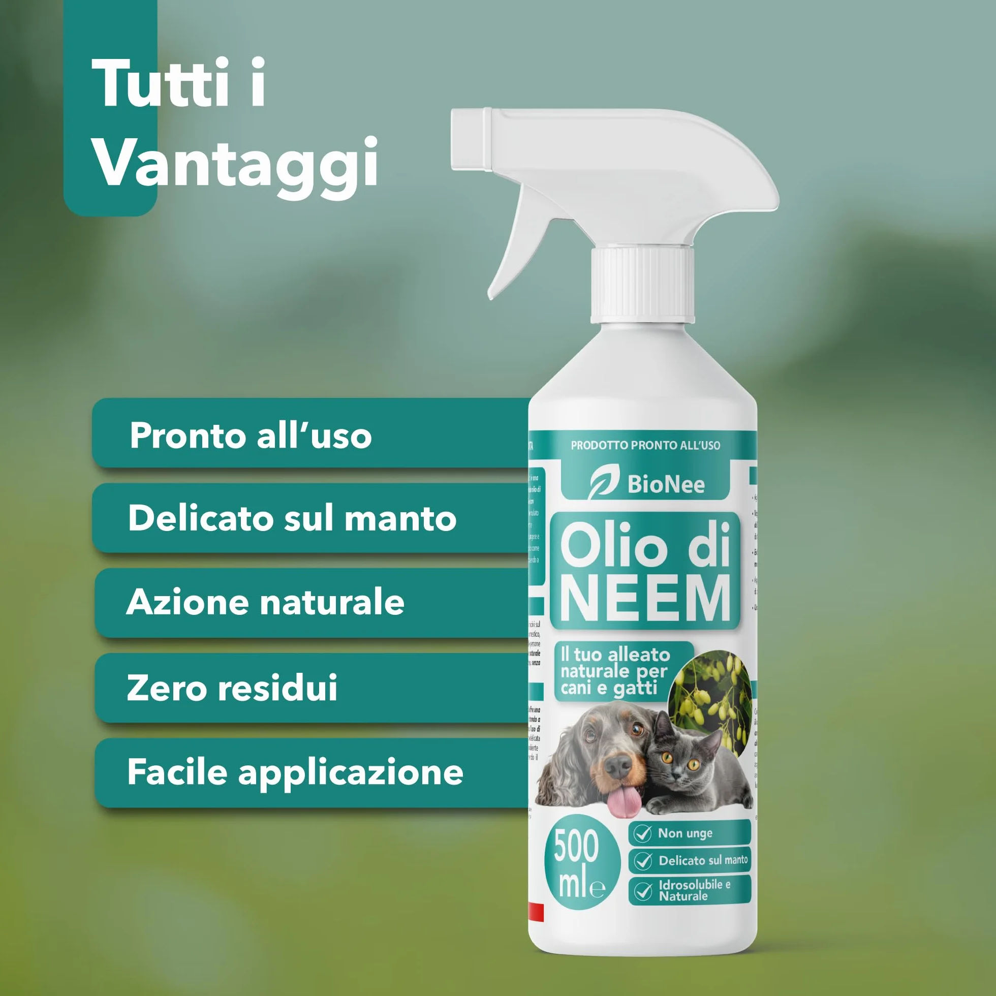 Olio di Neem per Cani e Gatti Spray 500 ml – Idrosolubile, Naturale, Non Unge – Azione Delicata, Effetto Barriera Sgradito a Zecche Pulci Zanzare Insetti