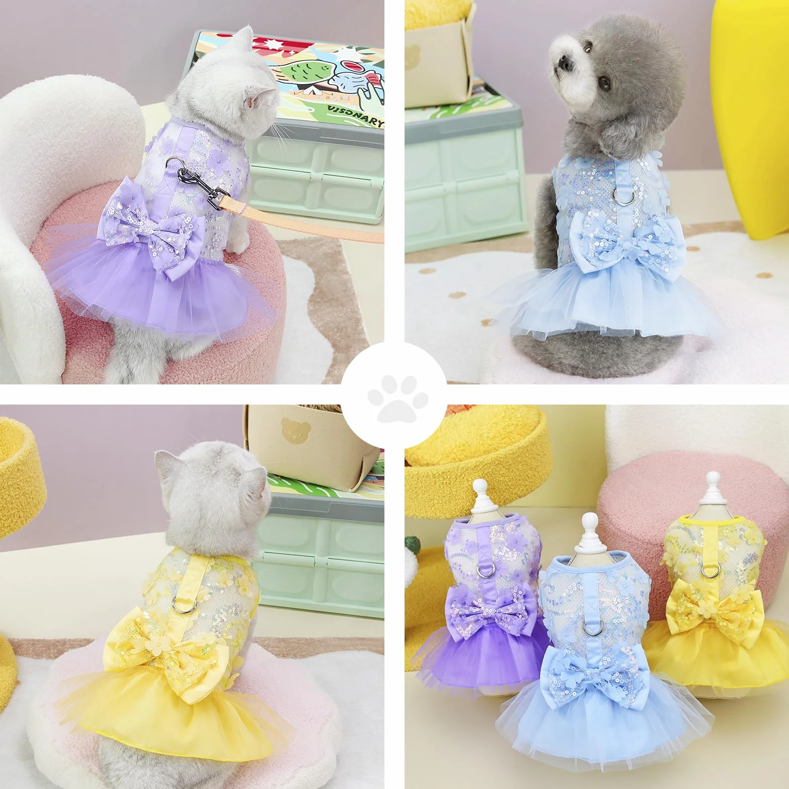 PAIDEFUL Vestito per cani, vestito di lusso con fiocco da principessa, per ragazze e cani, gonna per animali domestici in rete con paillettes, fiori, gatti, cuccioli, abiti per feste di nozze,