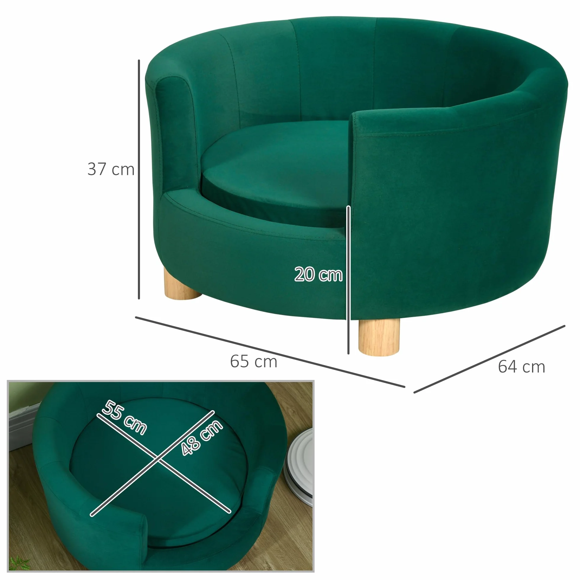 PawHut Divano per Cani Imbottito con Schienale e Cuscino Rimovibile, Cuccia per Gatto da Interno, 65x64x37cm, Verde